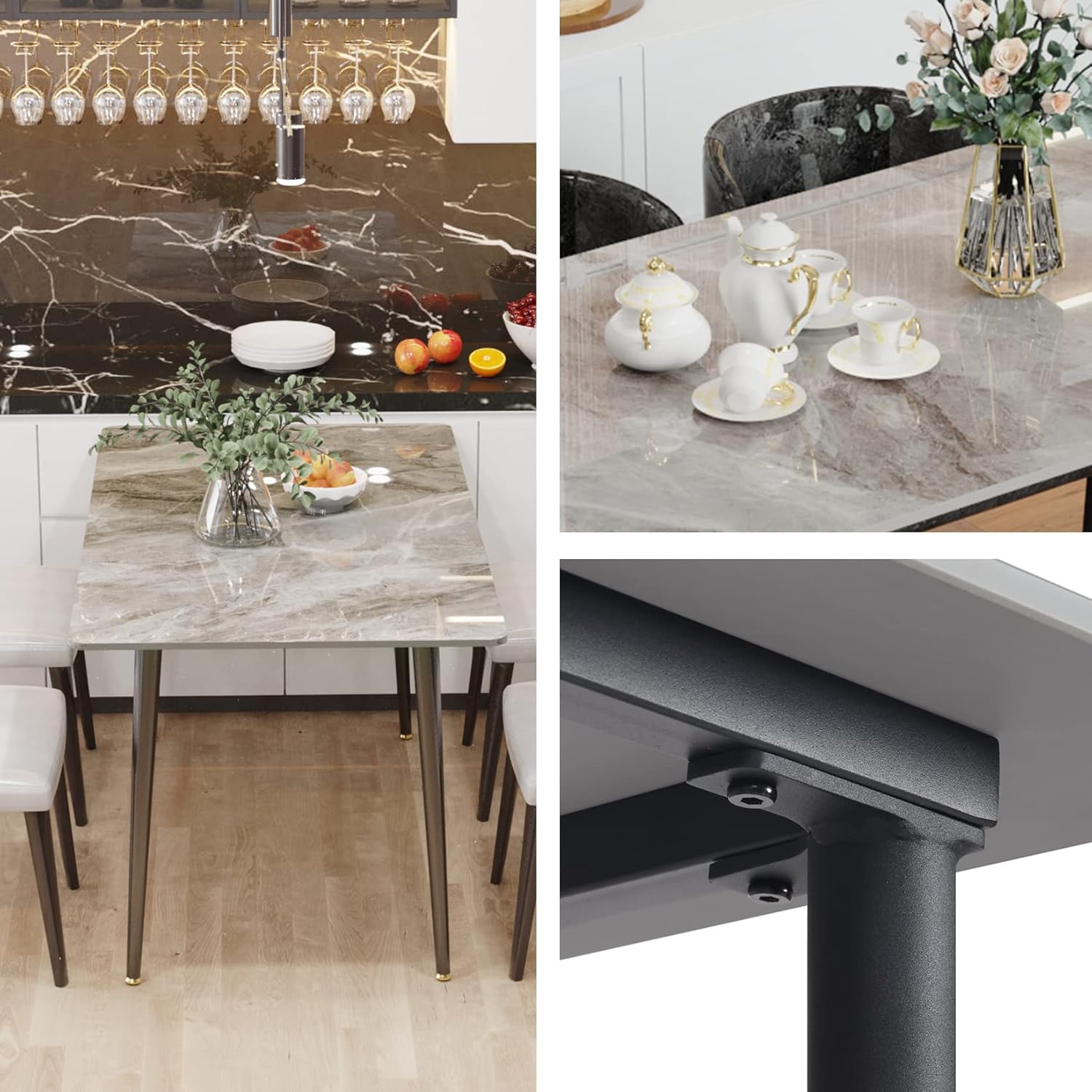 Wisfor Mesa de comedor de piedra sinterizada mesa de cocina gris de 47.2 x 27.5 pulgadas con patas de metal – Mesa de desayuno de 6 asientos para
