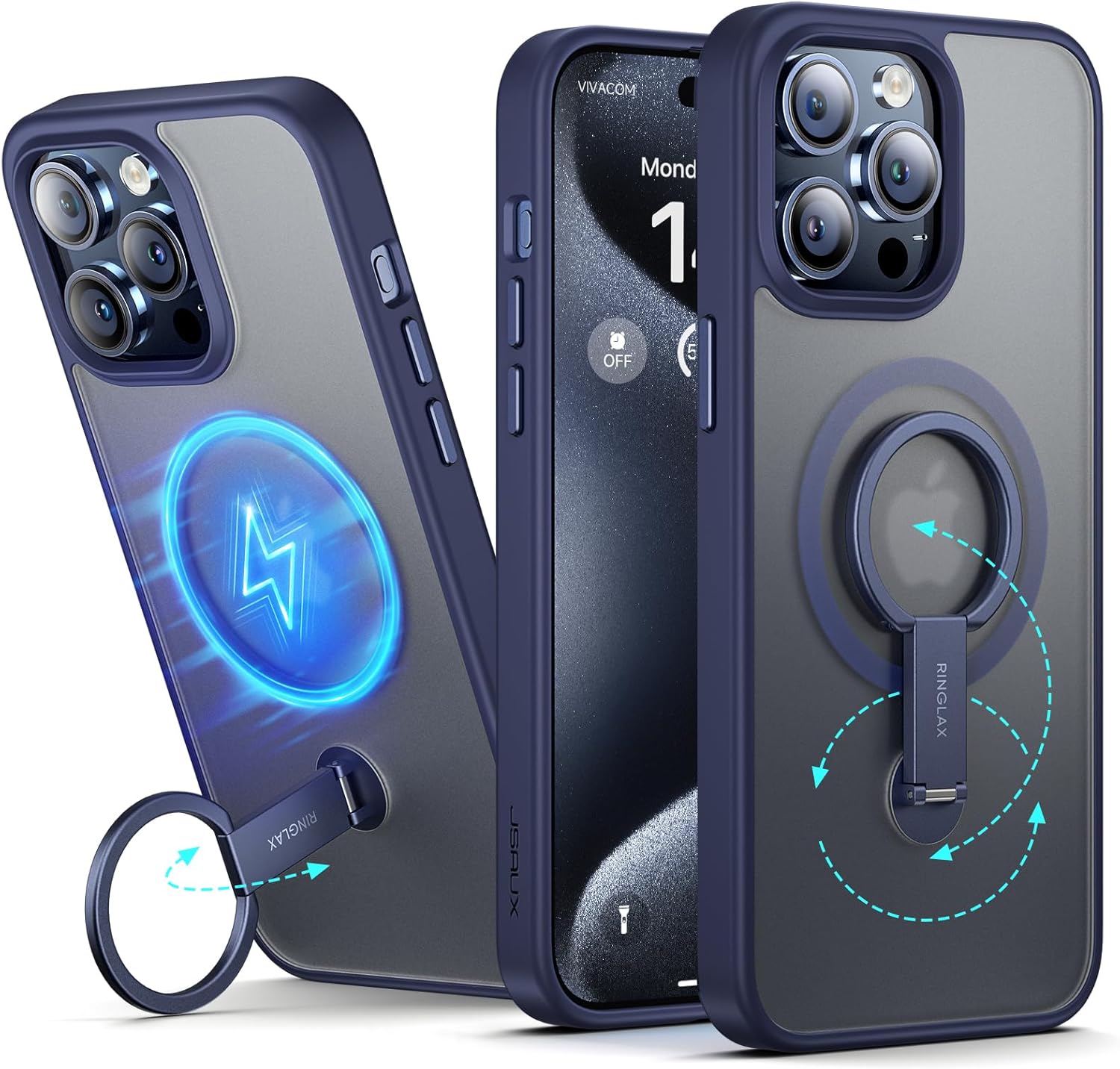 JSAUX RingLax – Funda magnética para iPhone 15 Pro con soporte y anillo mejorados, más flexible y más ángulo, compatible con Mag-Safe, delgada,
