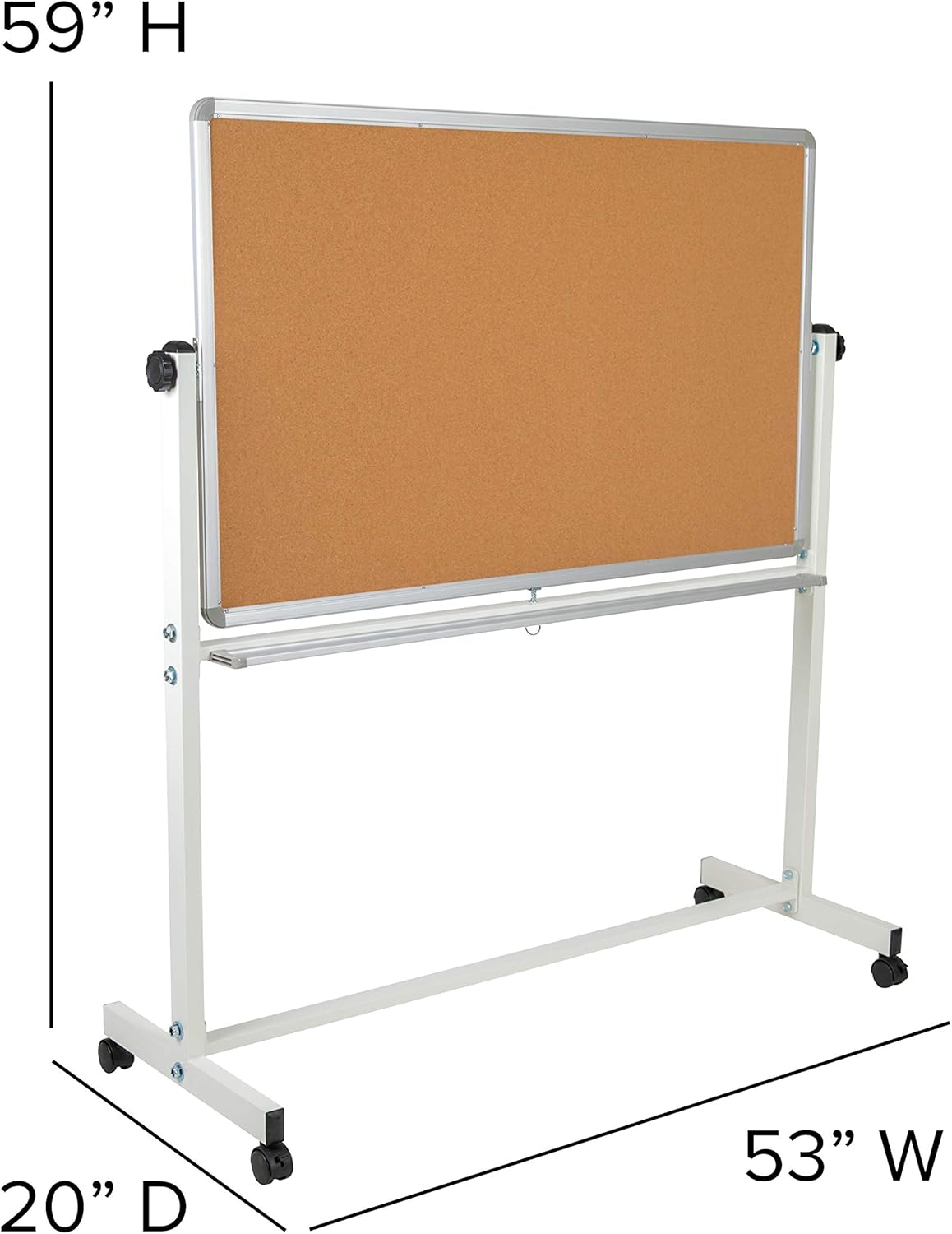 EMMA + OLIVER Tablero de anuncios de corcho móvil reversible de 53 pulgadas de ancho x 59 pulgadas de alto y tablero blanco con bandeja para