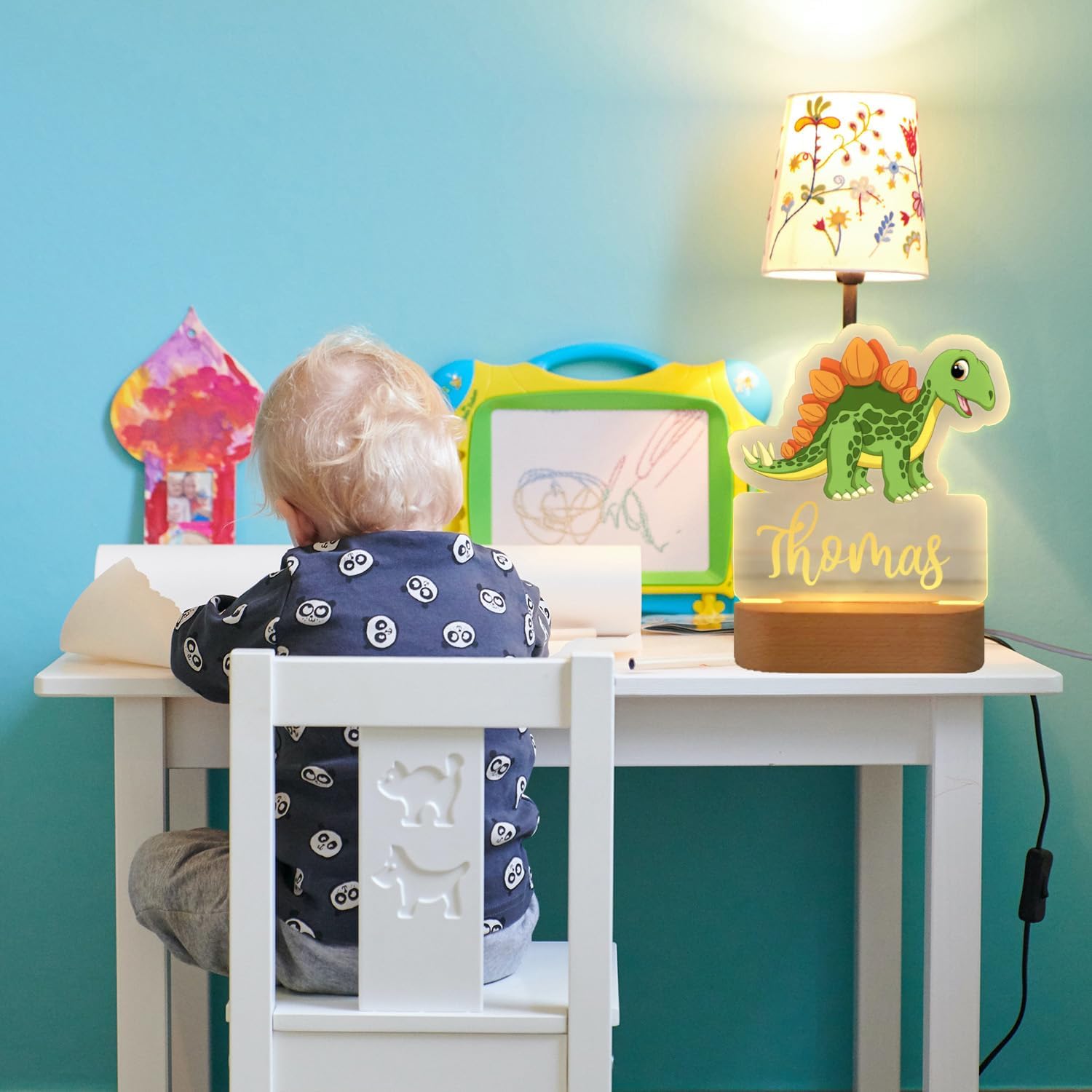 FIMIONAS Luz nocturna personalizada para niños, lámpara LED de dinosaurio con nombre personalizado para decoración de guardería, dormitorio de