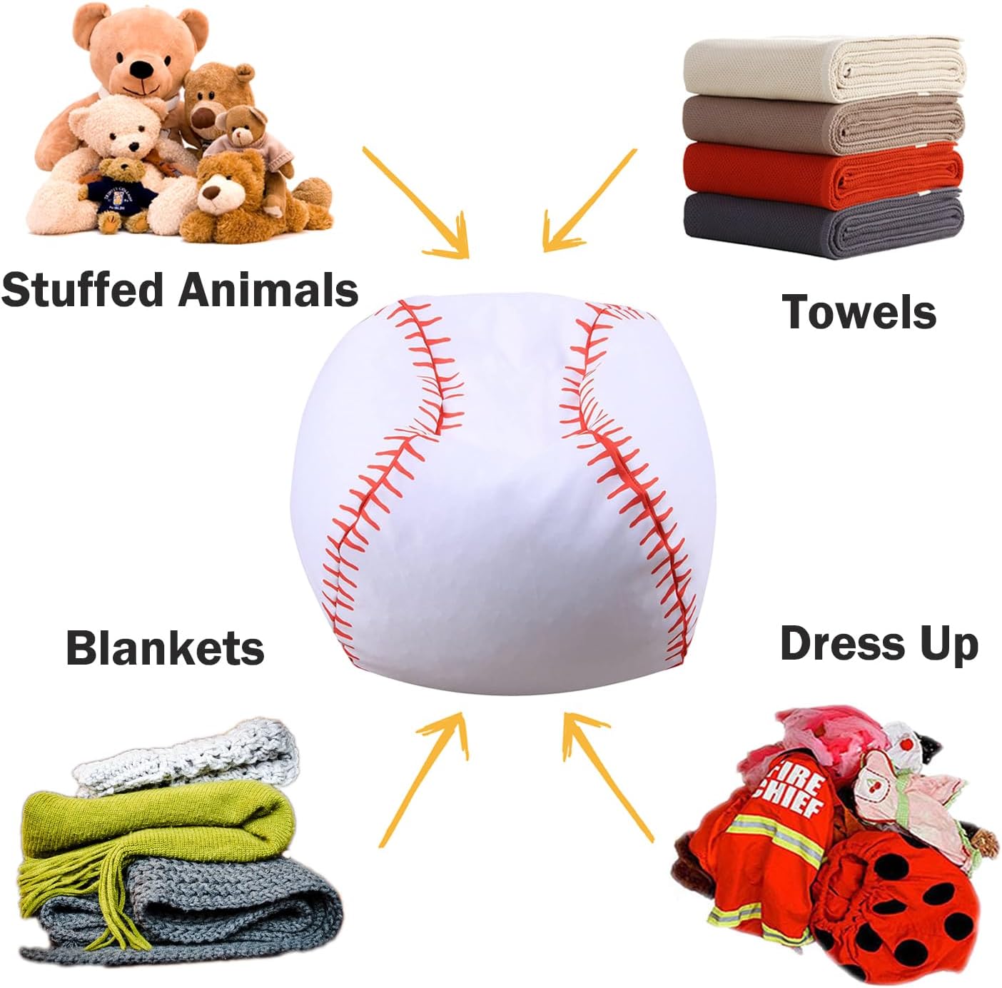 Colorful House Puf de almacenamiento de animales de peluche para niños y adultos, funda ligera para organizar mantas y ropa (26 pulgadas, béisbol)