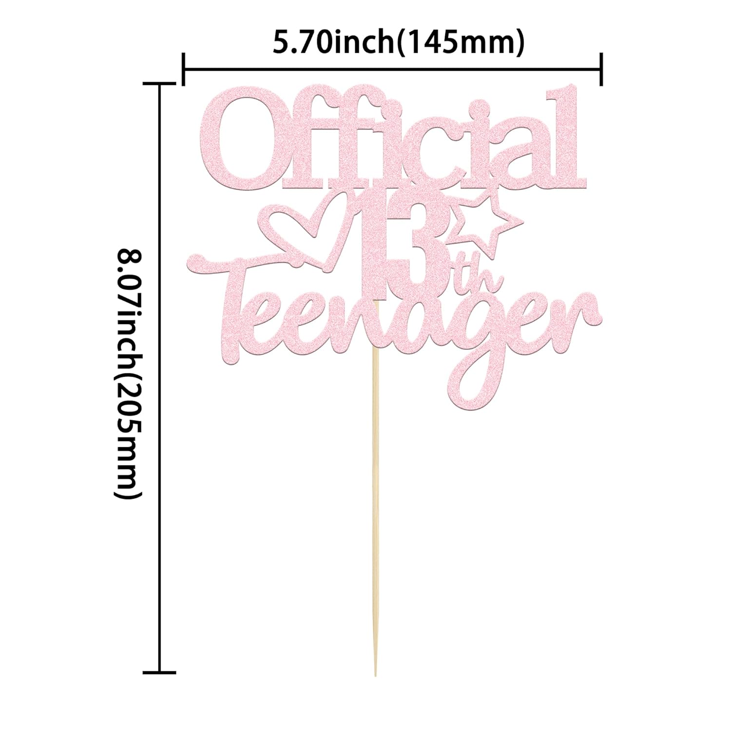 Gyufise Decoración para tartas de 13 años con purpurina rosa claro oficialmente un adolescente, decoración para tartas de cumpleaños de 13 años,