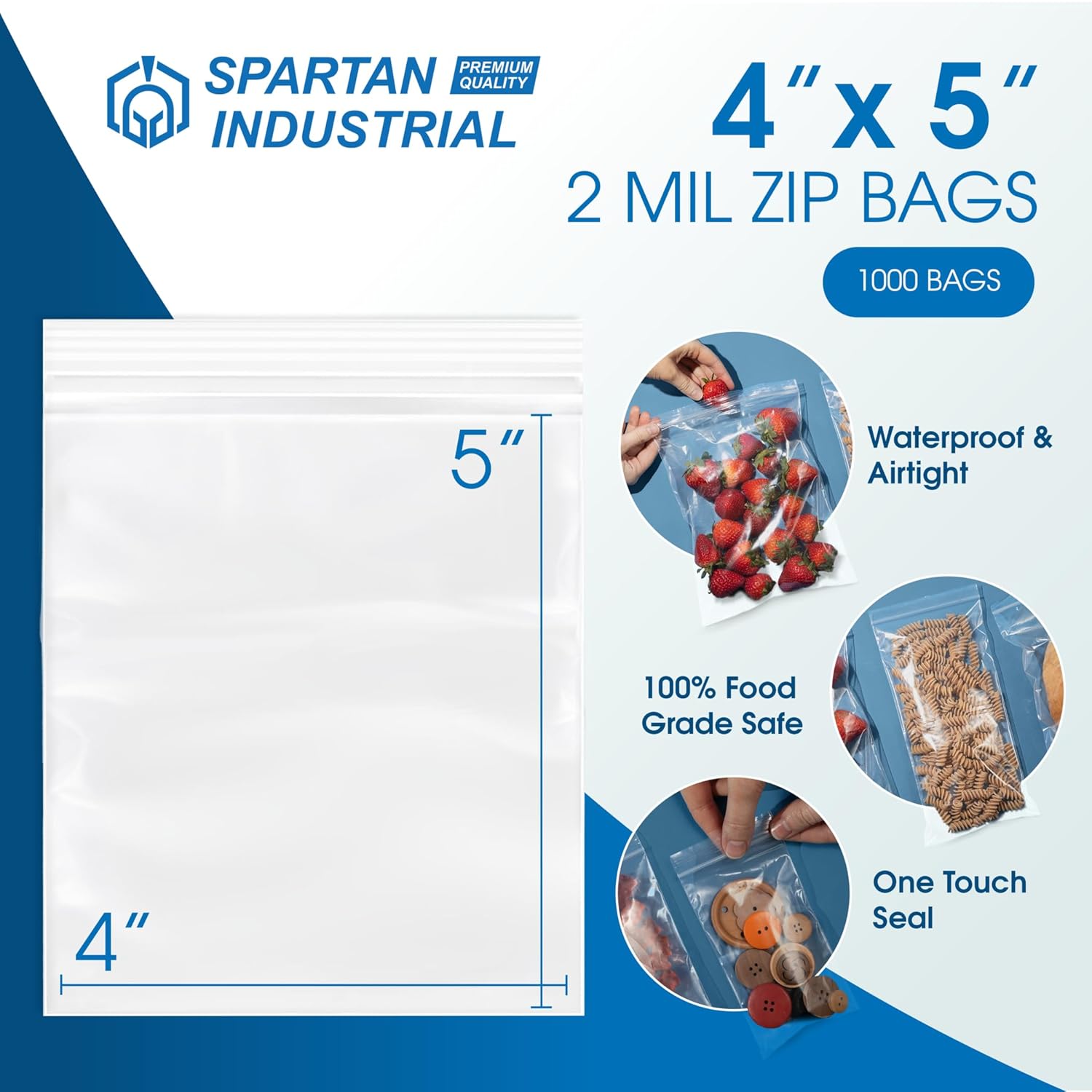 Spartan Industrial – Bolsas de polietileno de plástico transparente con cierre de 4 x 5 pulgadas (1000 unidades) de 2 mil con cierre resellable y