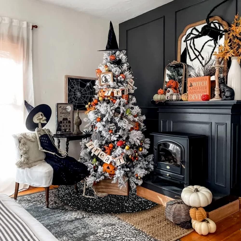 XIMISHOP Falda de árbol de lentejuelas de 48 pulgadas, falda de árbol negra plateada con purpurina para decoración de árbol de Navidad, Halloween,