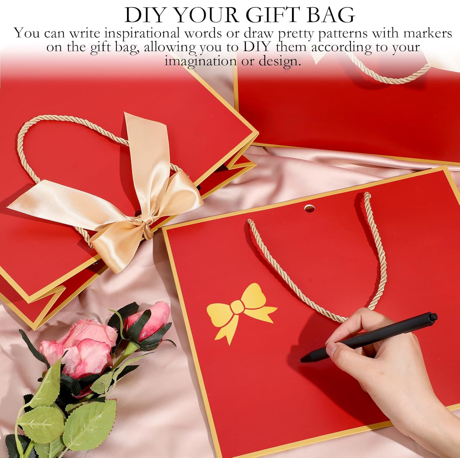 Silkfly 12 bolsas de regalo de agradecimiento con asas de 11.8 x 10 x 4 pulgadas, bolsa de papel con cinta de lazo, bolsas de regalo para boda,
