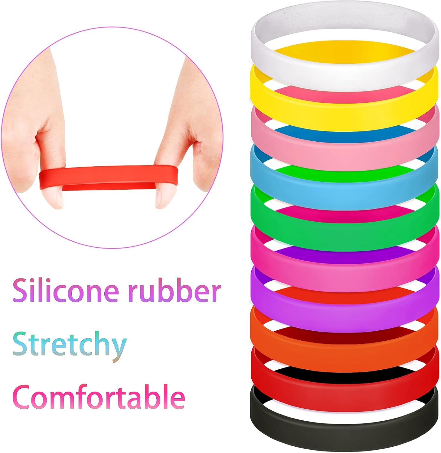 Sumind 100 pulseras de silicona en blanco, pulseras elásticas de goma de colores para adultos, niños, mujeres, hombres, regalos para adolescentes