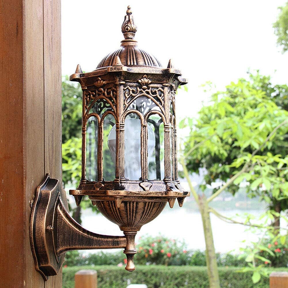 FIKNEE – Lámpara de pared retro vintage E27, lámpara de pared exterior, lámpara de latón antiguo, aplique de vidrio para interiores y exteriores,