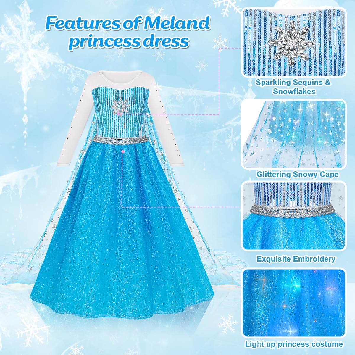 Meland Vestidos de princesa para niñas, disfraz de princesa con capa larga para niñas de 3 a 10 años para cumpleaños, fiesta de Halloween