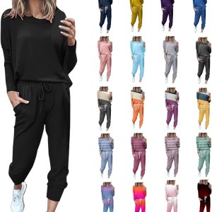 Conjuntos de dos piezas de otoño para mujer, talla grande, ajuste holgado, conjunto deportivo de 2 piezas con cuello redondo Conjuntos de dos piezas de otoño para mujer, talla grande, ajuste holgado, conjunto deportivo de 2 piezas con cuello redondo