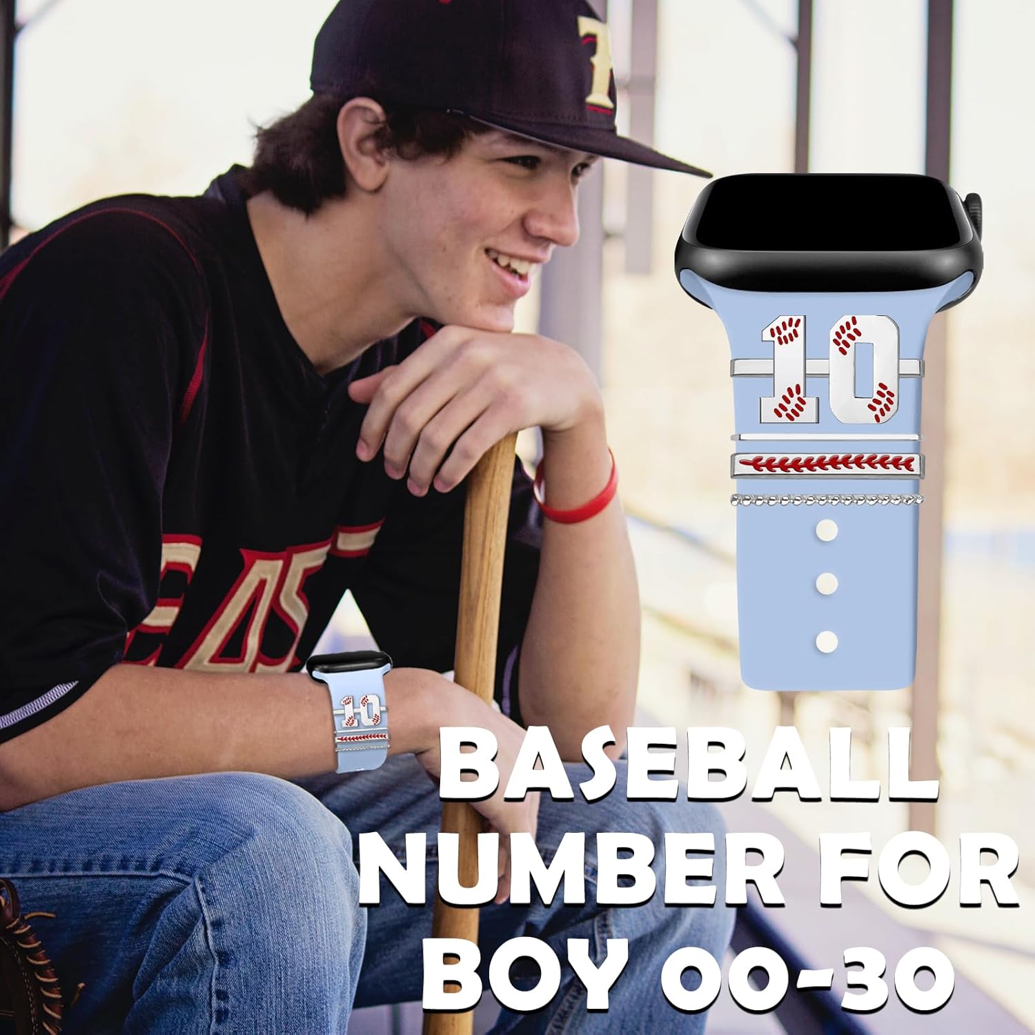 YeeCASE Dijes de reloj de béisbol con números para niños de 00 a 30 atletas de números decorativos compatibles con accesorios de Apple Watch de