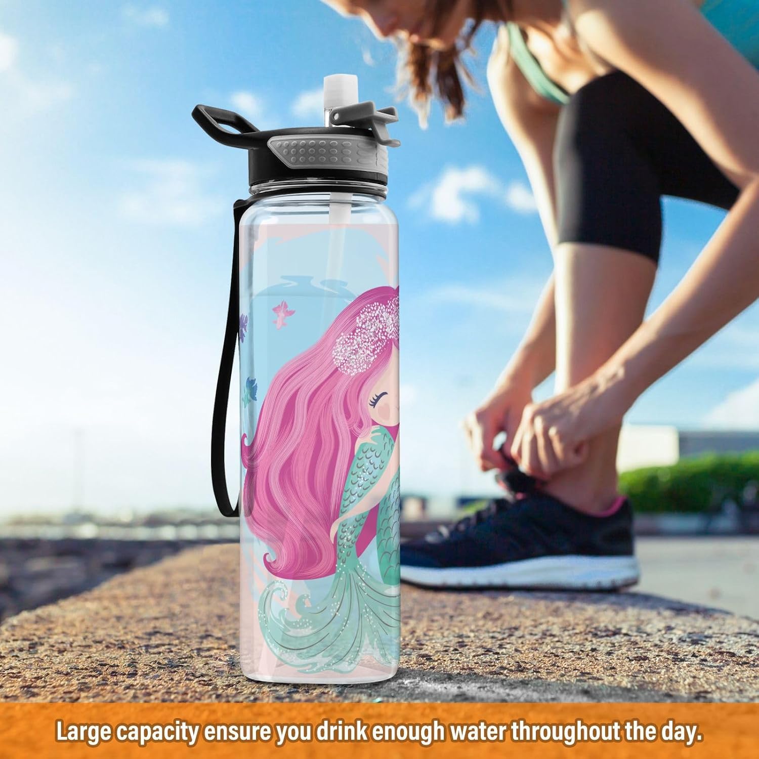 Botella de agua de sirena de dibujos animados con tapa de pajilla, 32 onzas, a prueba de fugas, transparente, para gimnasio, mujeres, hombres,