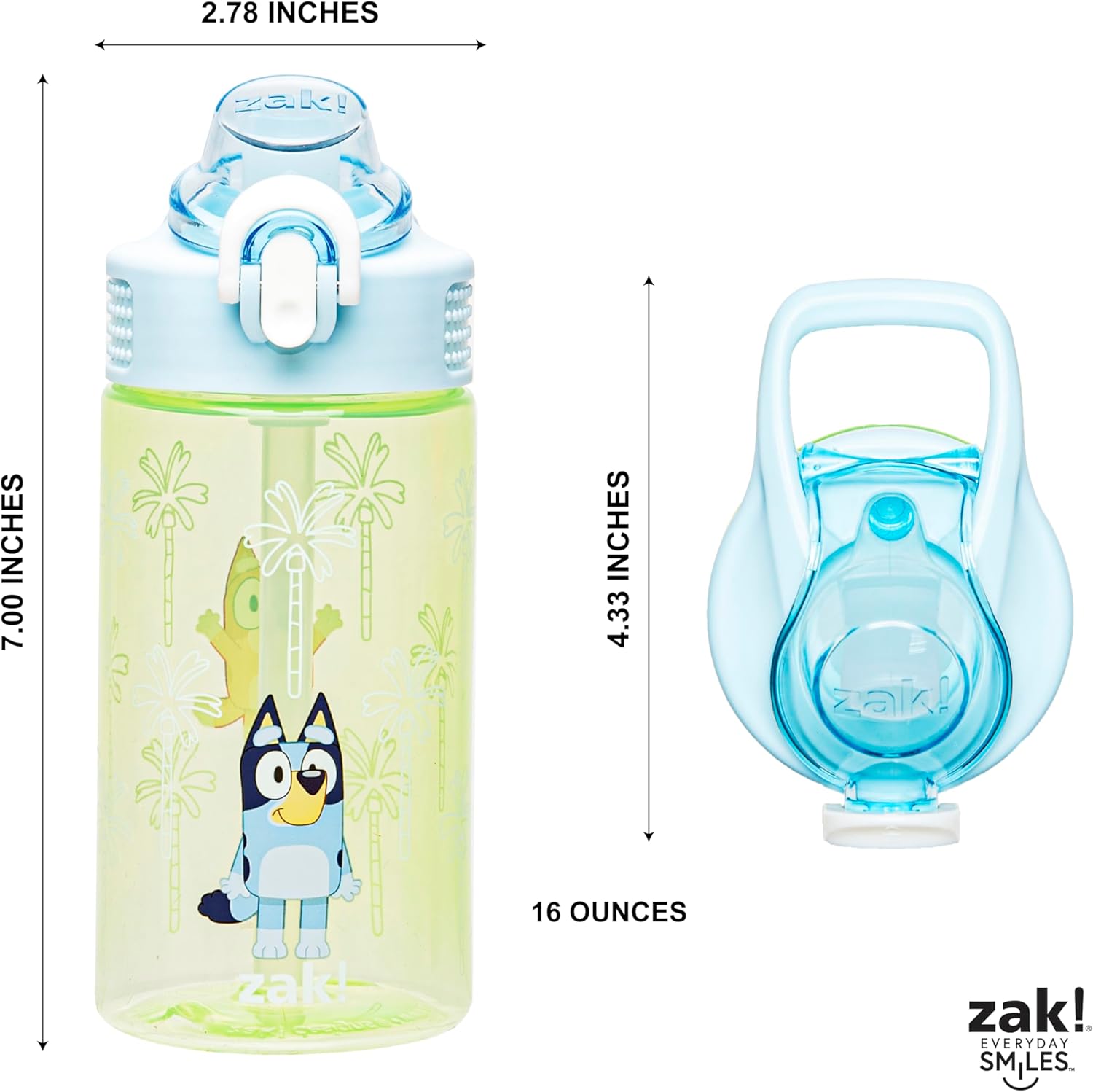 Zak Designs Sage Bluey Botella de agua para niños, escuela o viajes, plástico duradero, 16onzas, con popote, asa, tapa, boquilla abatible, a prueba