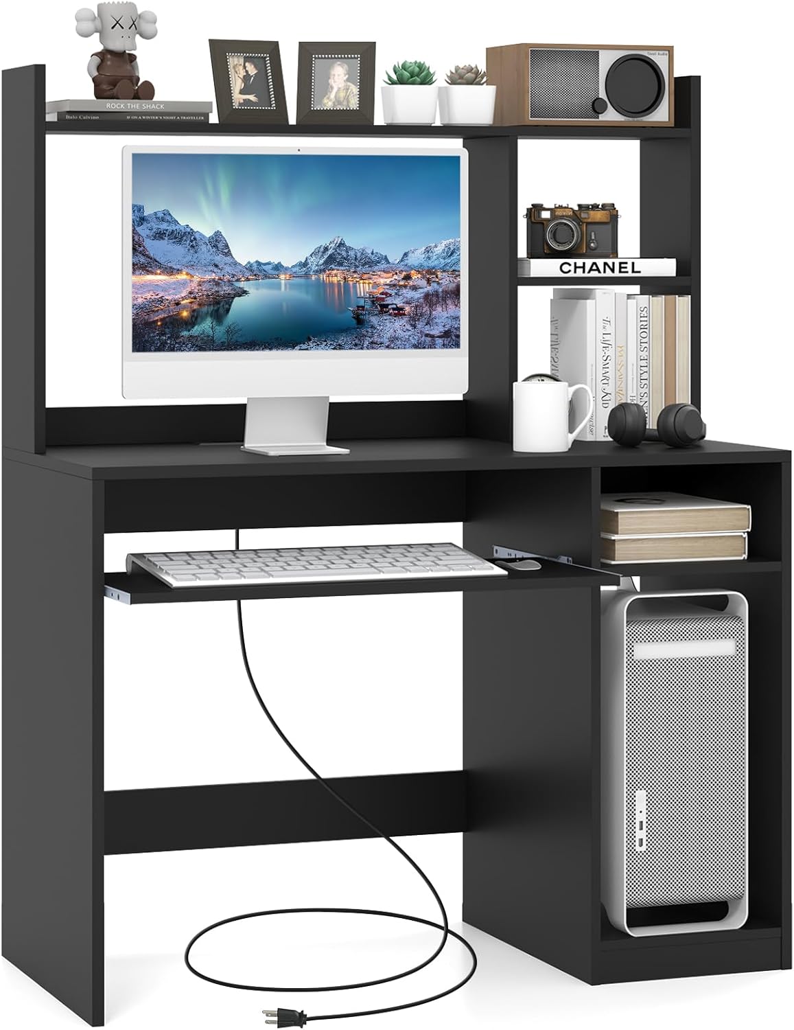 COSTWAY Escritorio negro para computadora con estante de almacenamiento, escritorio de madera con gabinete, escritorio de oficina con soporte para