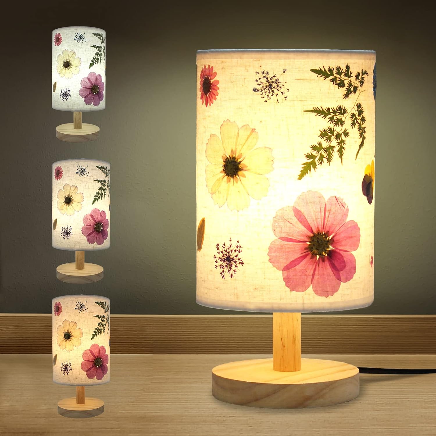 Lámpara de noche de flores prensadas, lámpara de mesa floral, 3 modos de luz, flores secas reales, decoración de flores prensadas, pantalla floral,