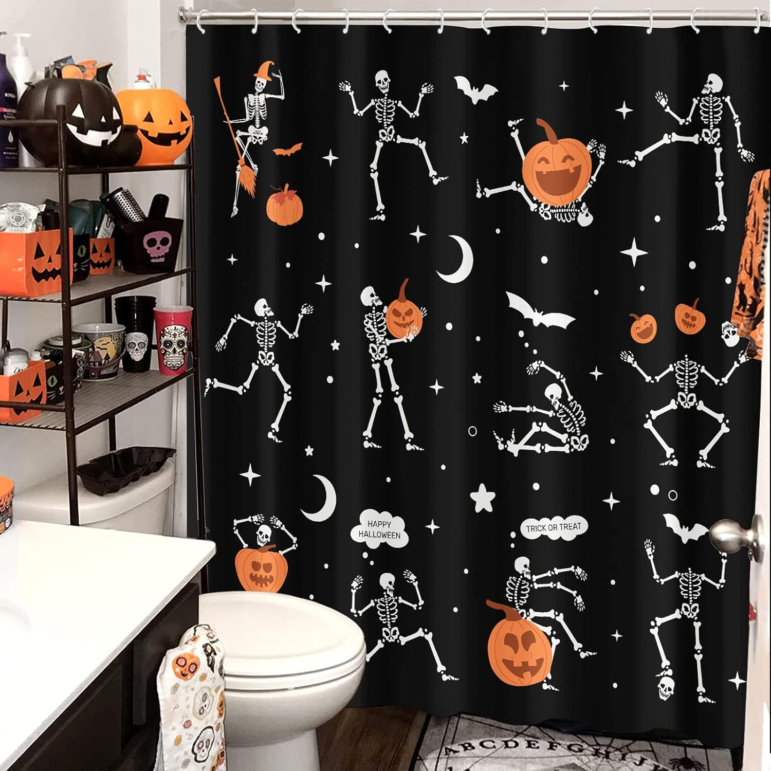 Cortina de ducha de calavera de Halloween para baño, divertida danza de esqueleto gótico en blanco y negro, cortinas de ducha de tela impermeable,
