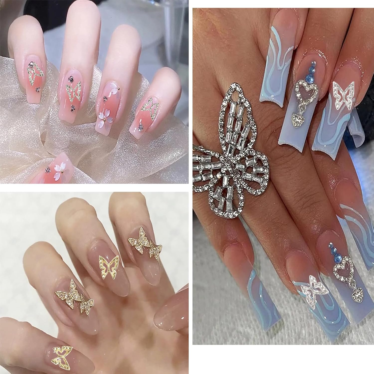 Dijes de mariposa 3D para uñas, 100 piezas de dijes de mariposa para uñas, dijes plateados y dorados para uñas acrílicas, accesorios de arte de uñas
