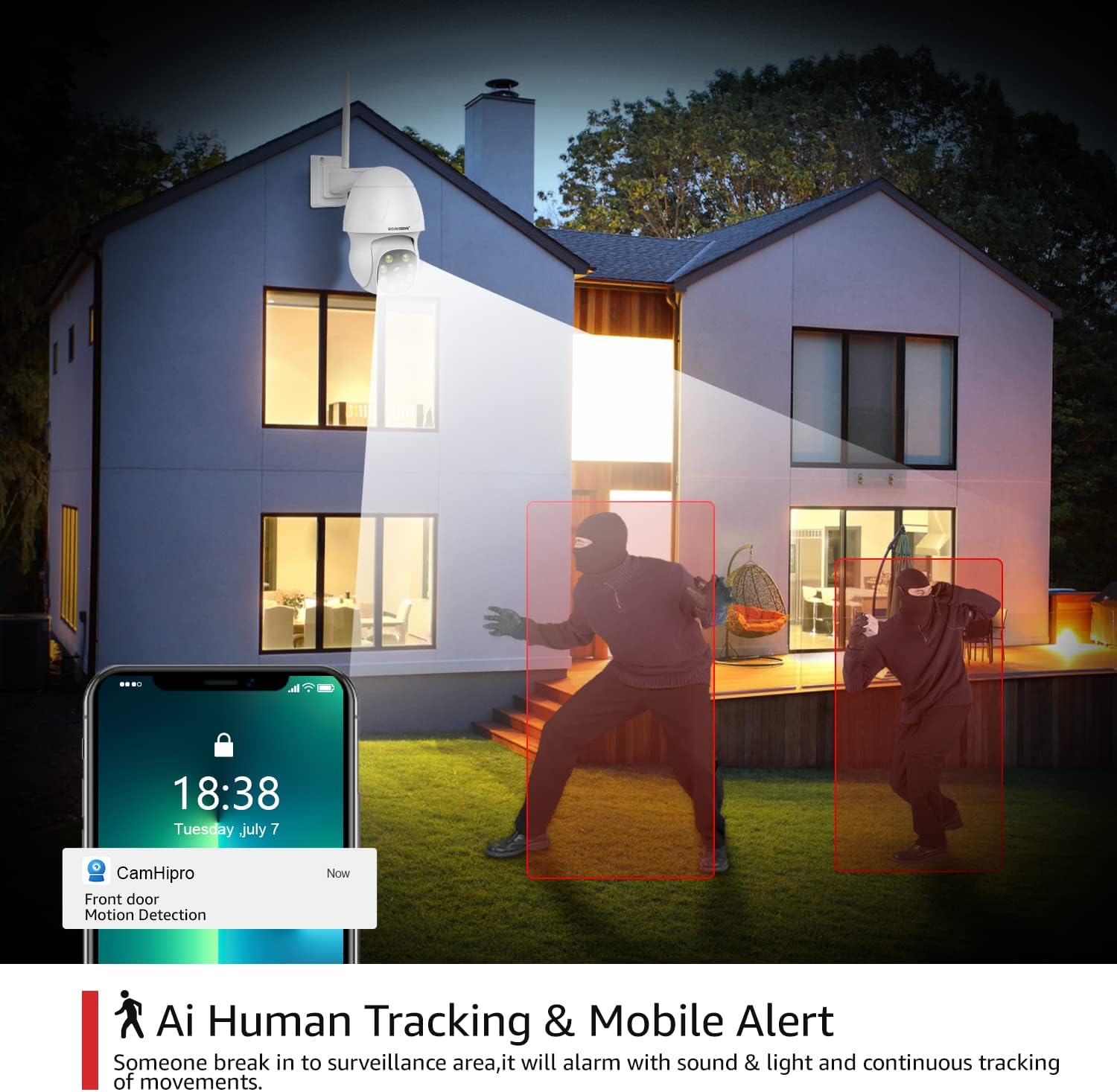 BOAVISION Cámara de seguridad de 4MP para exteriores, cámaras de videovigilancia de visión de 360, seguimiento humano, alertas de detección de