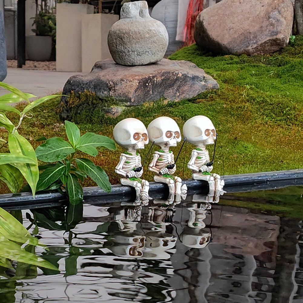 2 adornos de esqueletos de pesca para jardinería, estatua de esqueleto de pesca, figuras de resina, figuras de Halloween, estatuas de calavera de
