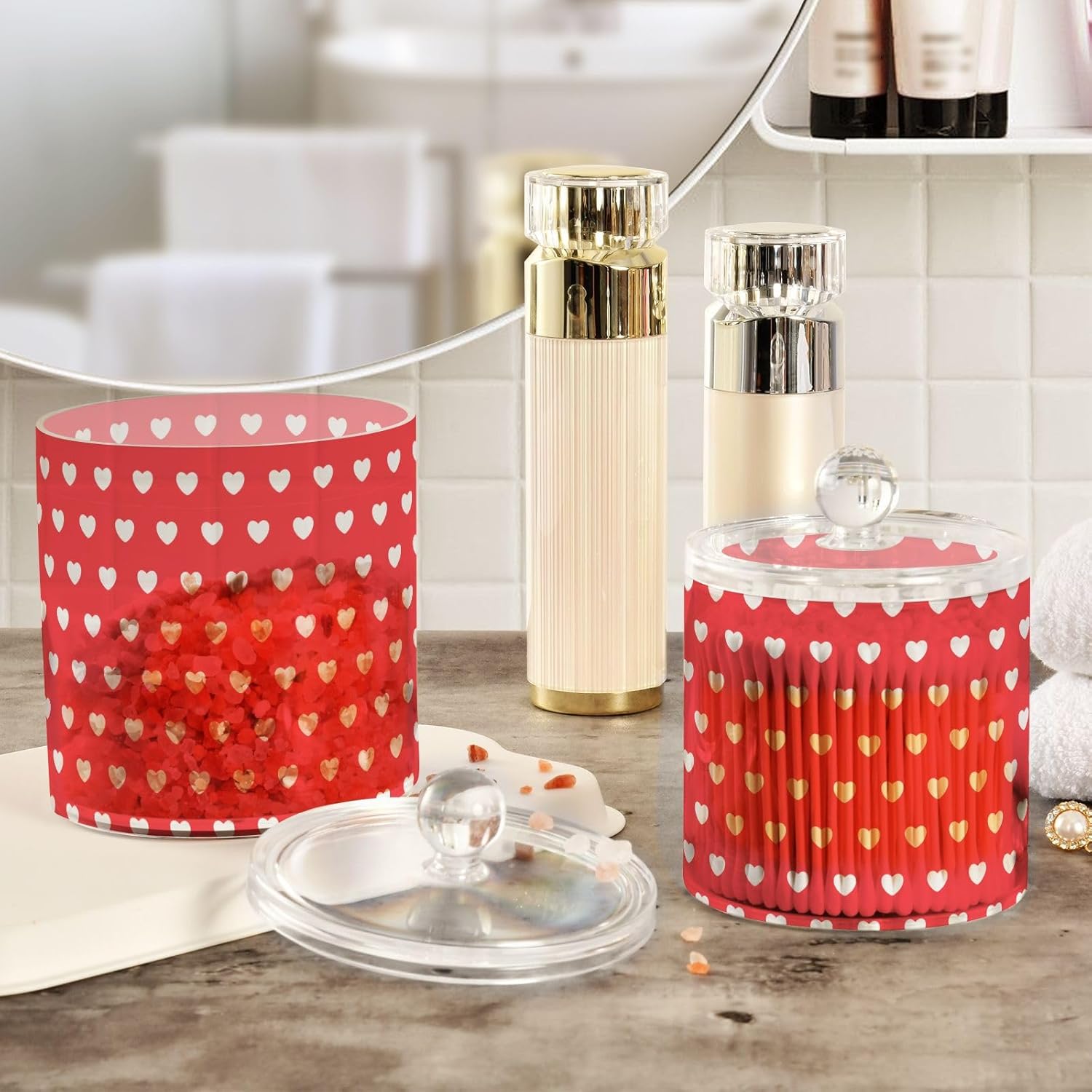 Tarros de corazones para el día de San Valentín con tapas, tarros pequeños, recipientes de almacenamiento de baño, recipientes para recoger hilo