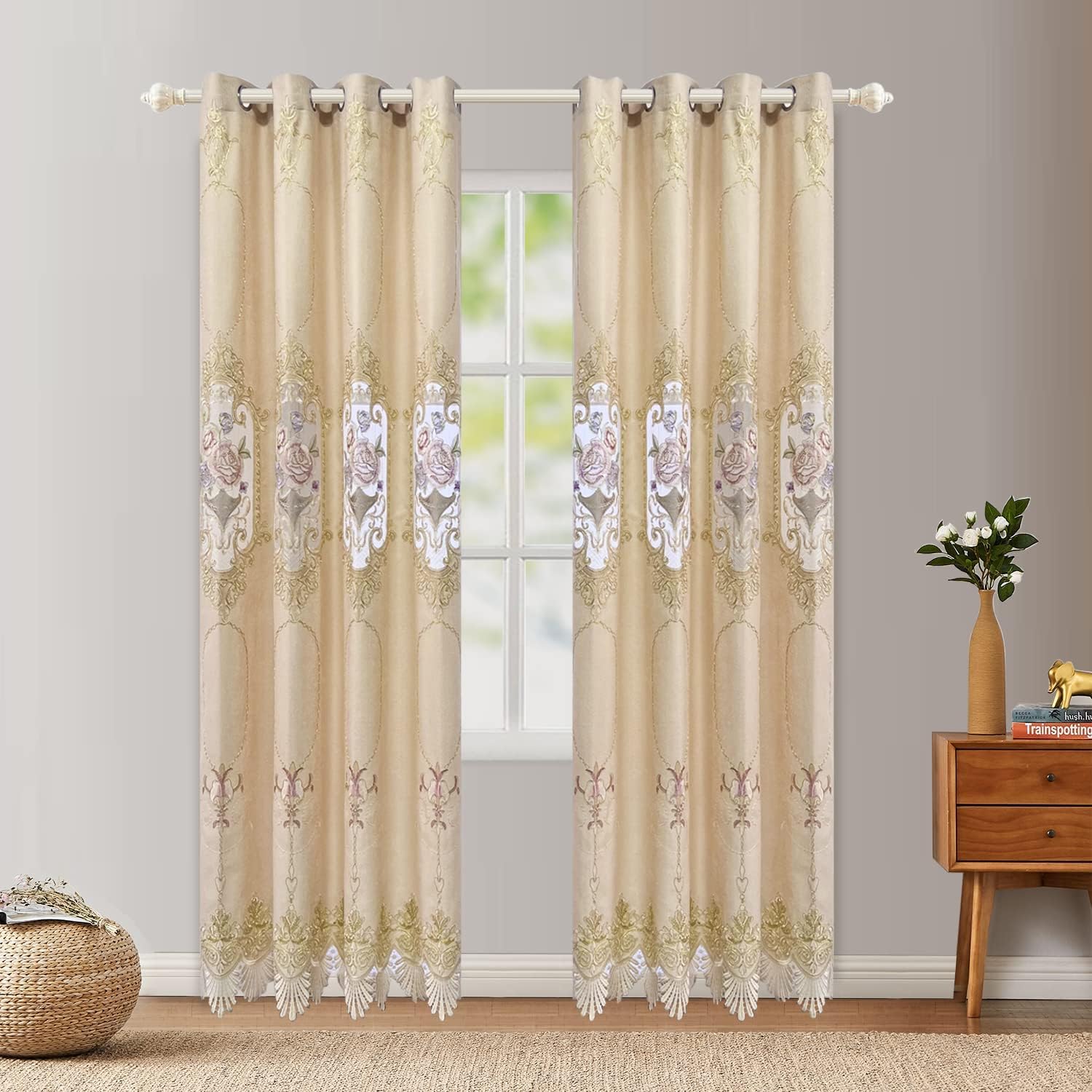 Cortina de lujo con bordado floral semi opaca para ventana, cortinas para dormitorio, con ojales, paneles de oscurecimiento de habitación con