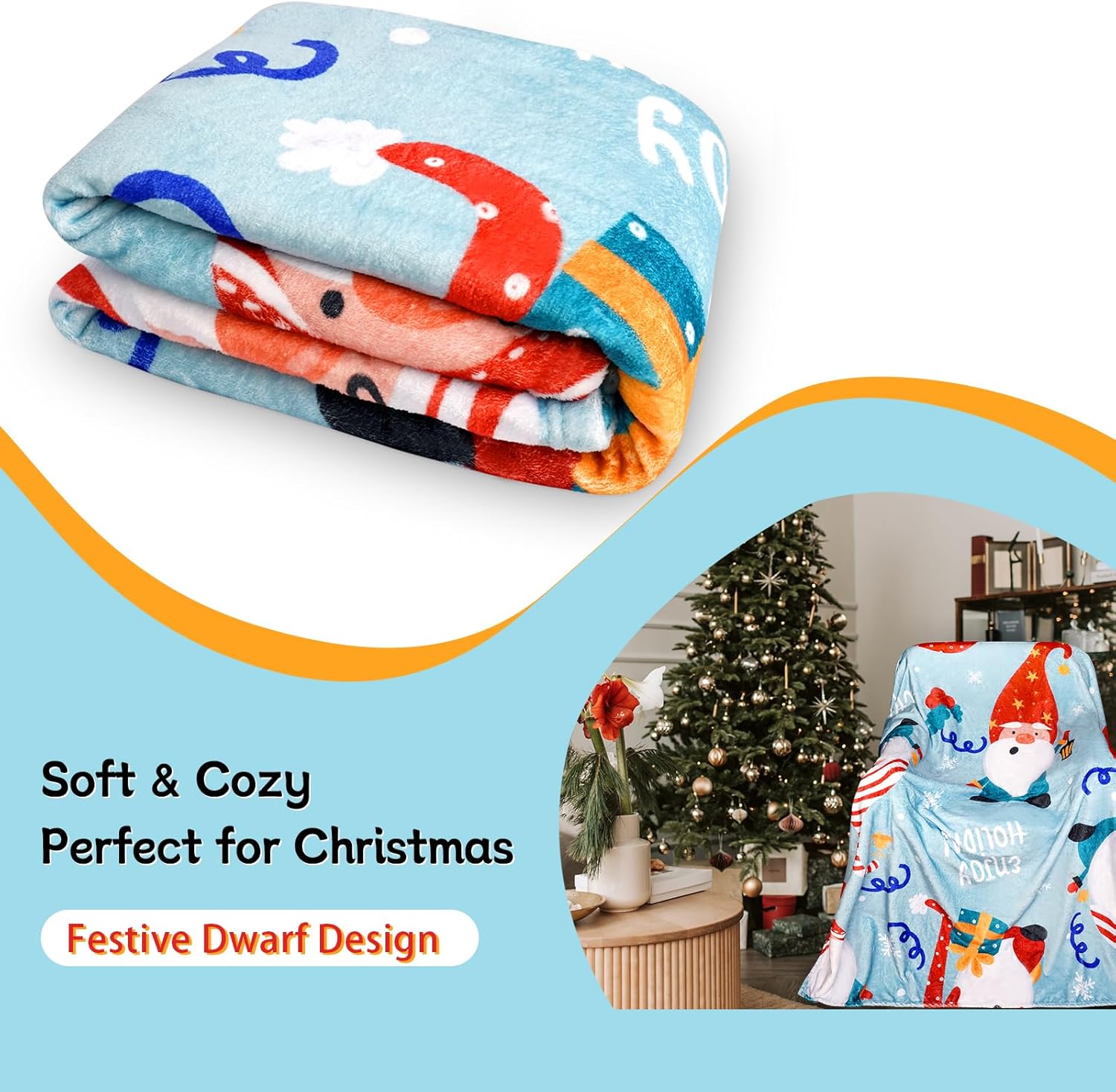 Manta de gnomo, manta de gnomo de Navidad, manta de franela decorativa para sofá, decoración del hogar, suave, cálida, linda, manta de Navidad
