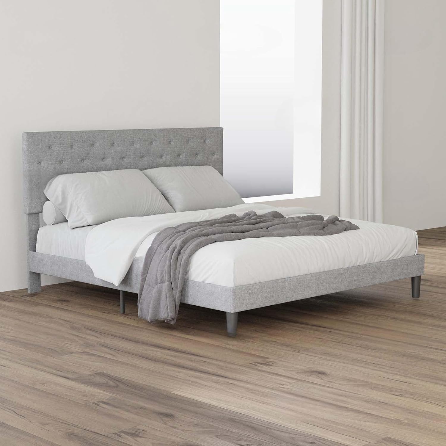 Base de cama tapizada de tamaño matrimonial con cabecera de botón ajustable, base de colchón con soporte de listones de madera, no necesita somier,
