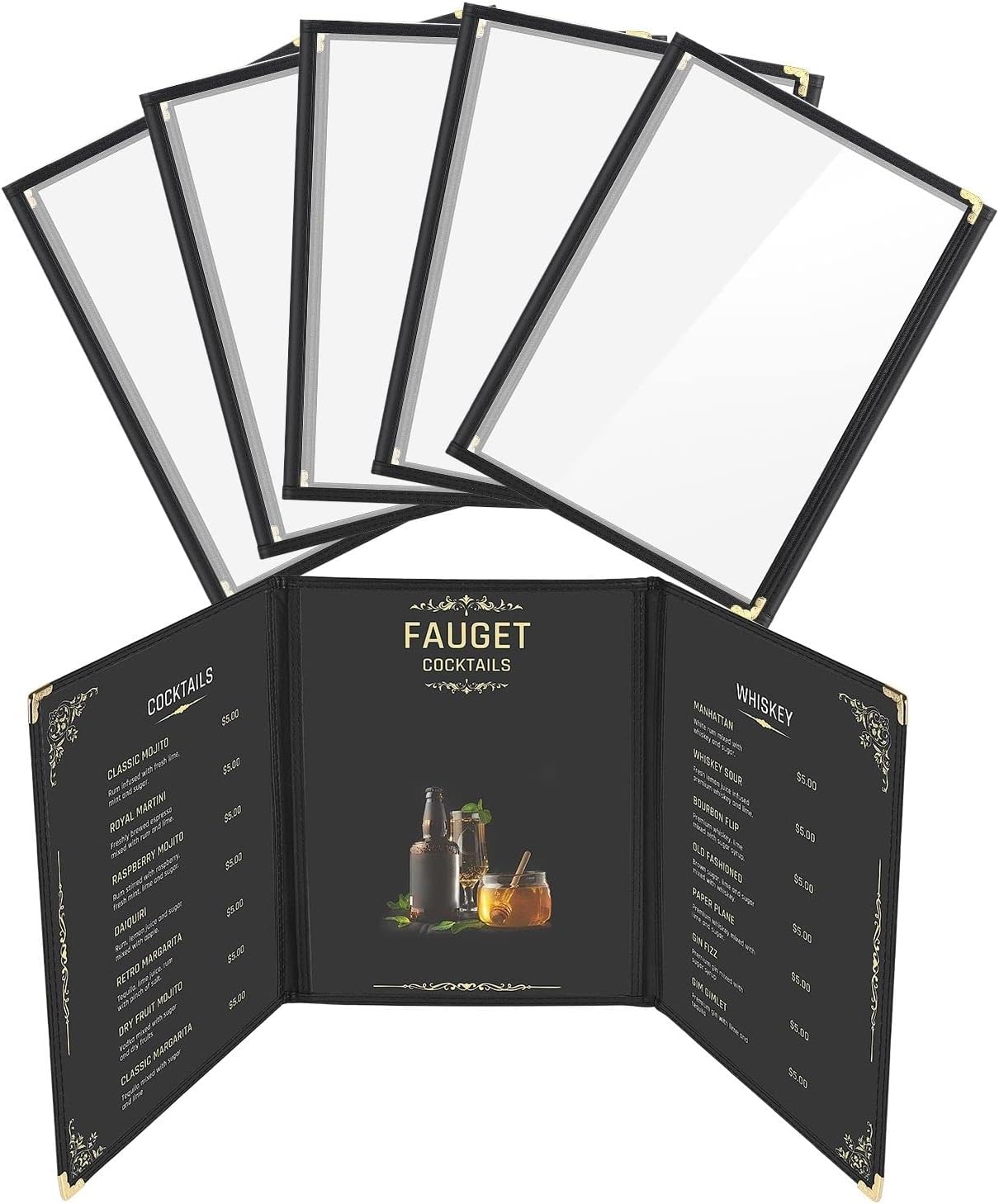 Flexzion Fundas de menú para papel de 9.4 x 12.4 pulgadas, fundas para carpetas de triple costura para restaurante, libro de pedidos de 3 páginas, 6
