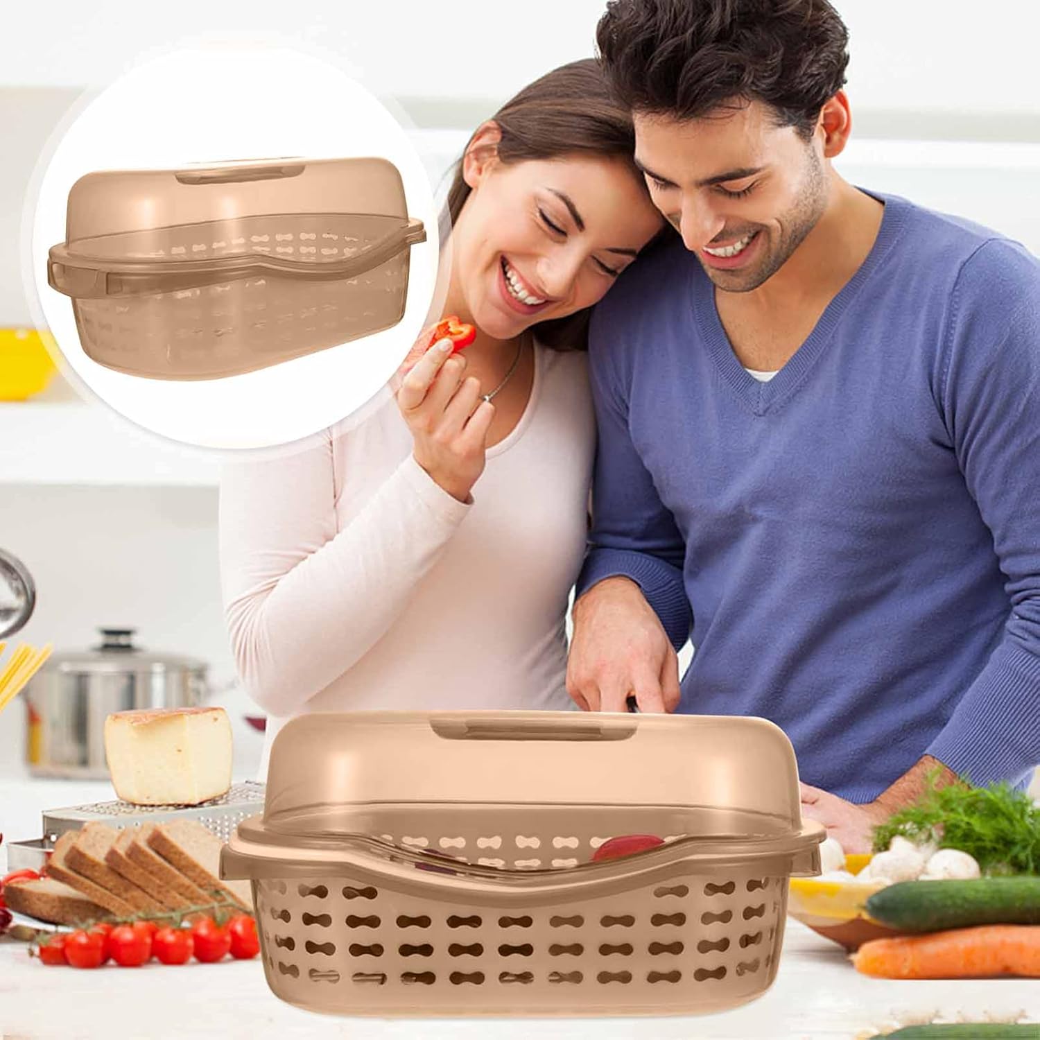YARDWE Estante para tapa de cocina, colador con tapa, estante de secado de botellas, cesta de almacenamiento para frutas, verduras, color caqui,