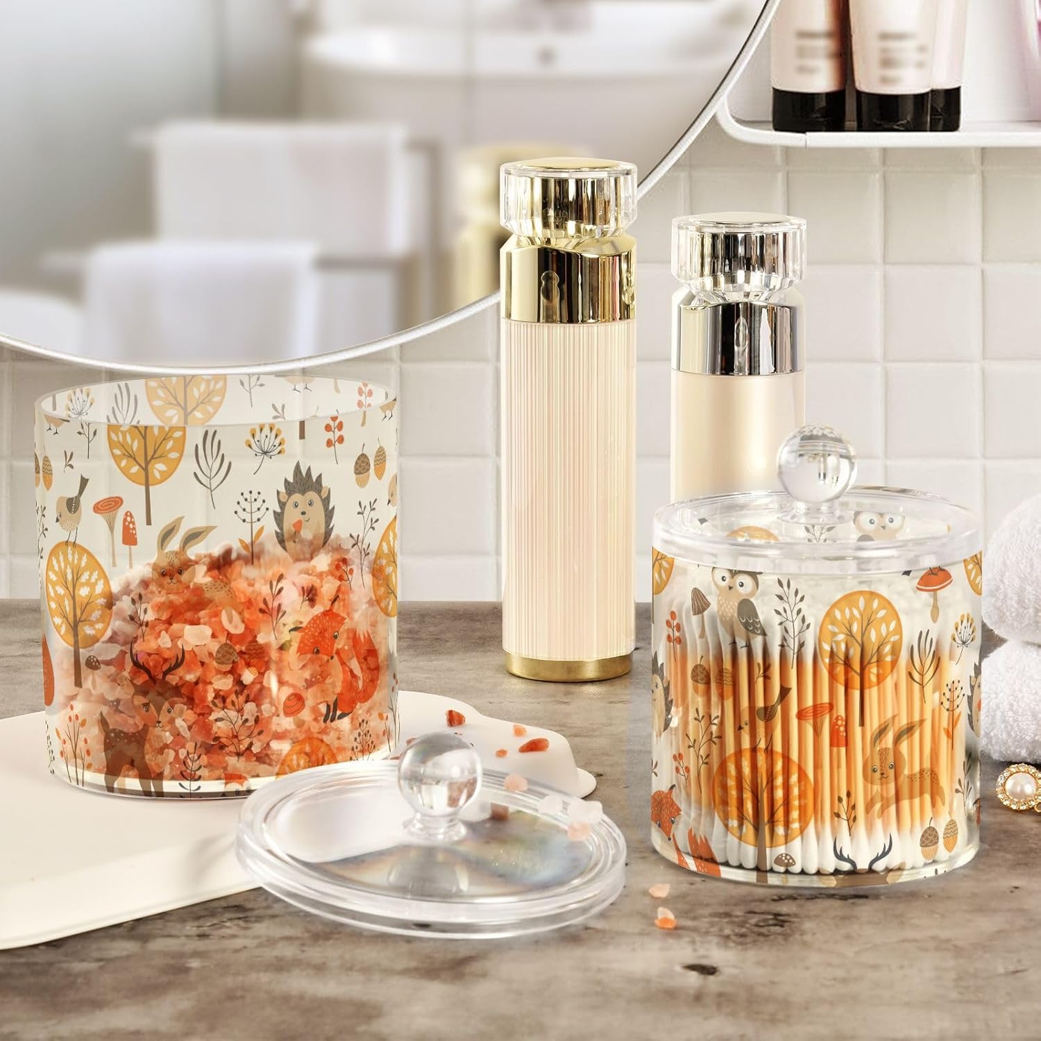 Autumn Forest Animals Jars with Lids Bathroom Canisters Decorative Jars Laundry Pods Container Cotton Pad Dispenser for Dorm Room Essentials for