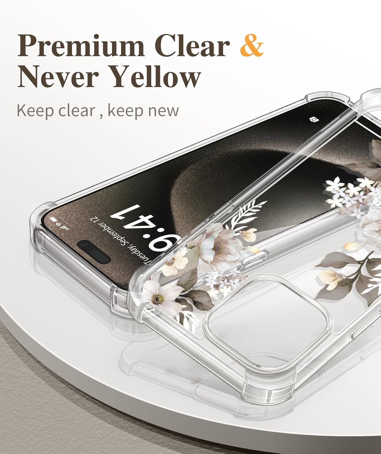 GVIEWIN Funda para iPhone 15 Pro floral, con protector de pantalla + protector de lente de cámara, no se pone amarillenta delgada y a prueba de