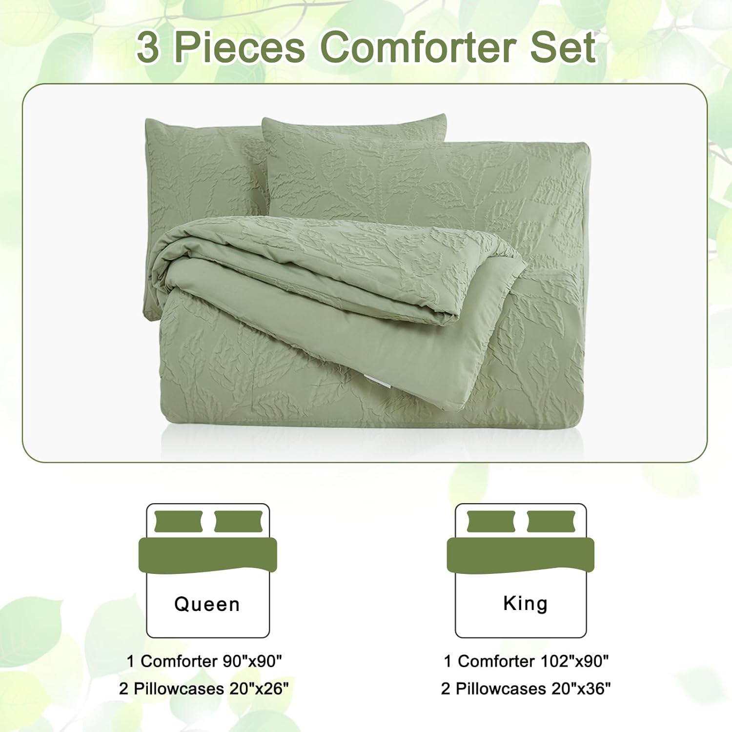 ENCOFT Edredón tamaño King, edredón verde con patrón de hojas en relieve de 3 piezas, con funda de almohada, para todas las estaciones, edredón de