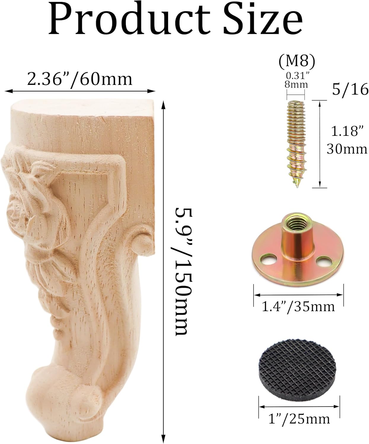INKNOTE Patas de muebles de madera tallada maciza sin terminar, estilo europeo, pies de repuesto para muebles, muebles, gabinete, armario, sofá