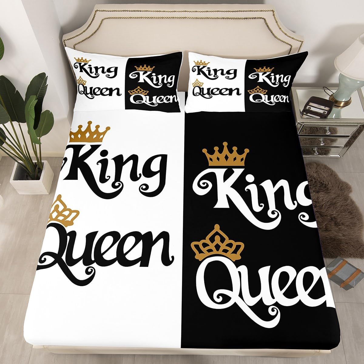 Juego de sábanas de 4 piezas con diseño de corona de dibujos animados, tamaño Queen, King, para parejas, amantes de parejas, adolescentes, mujeres,