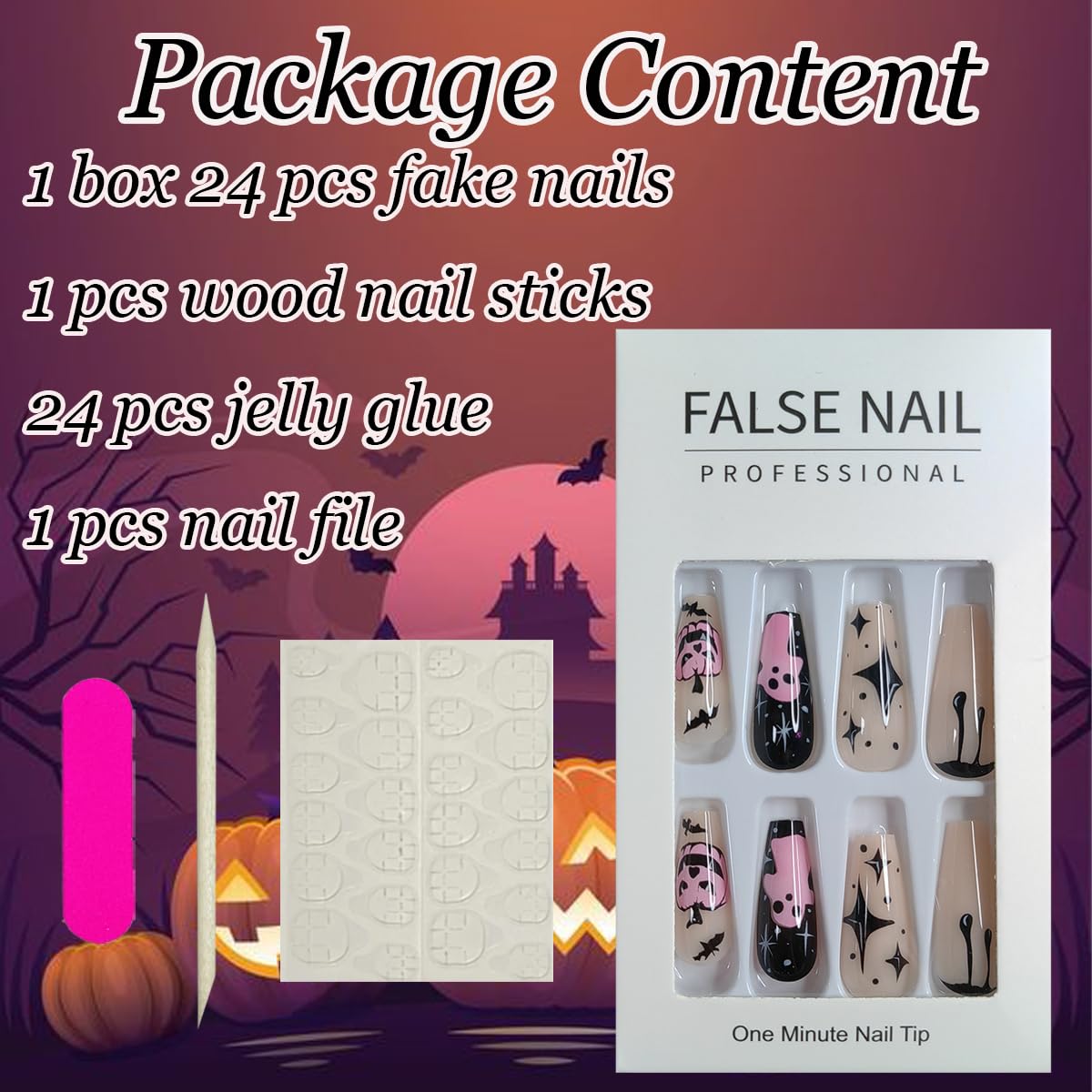 24 uñas postizas largas a presión de Halloween, fantasmas de terror, calabaza, diseño de uñas cuadradas con pegamento en las uñas de Halloween,