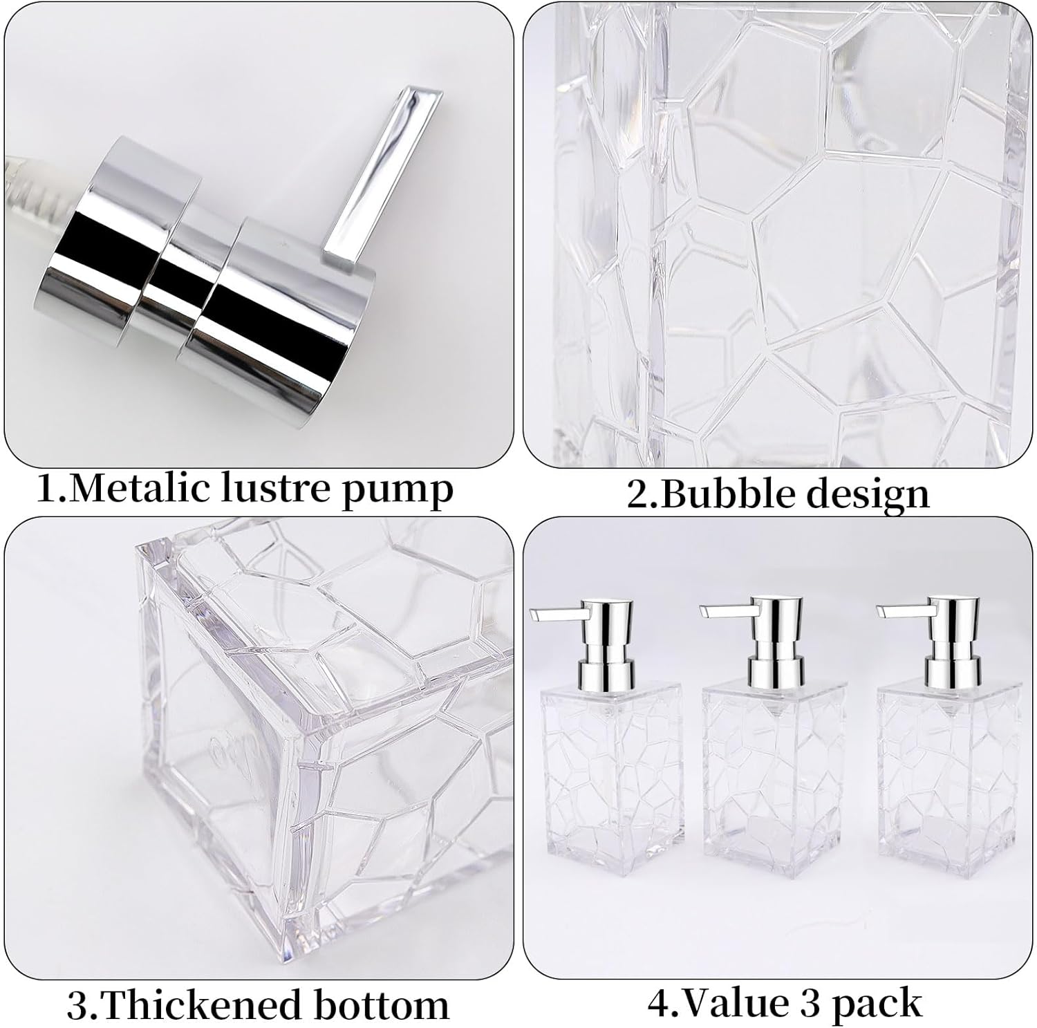 Paquete de 3 dispensadores de jabón transparentes para encimera de baño, dispensador de jabón recargable para cocina y baño, juego de dispensador de