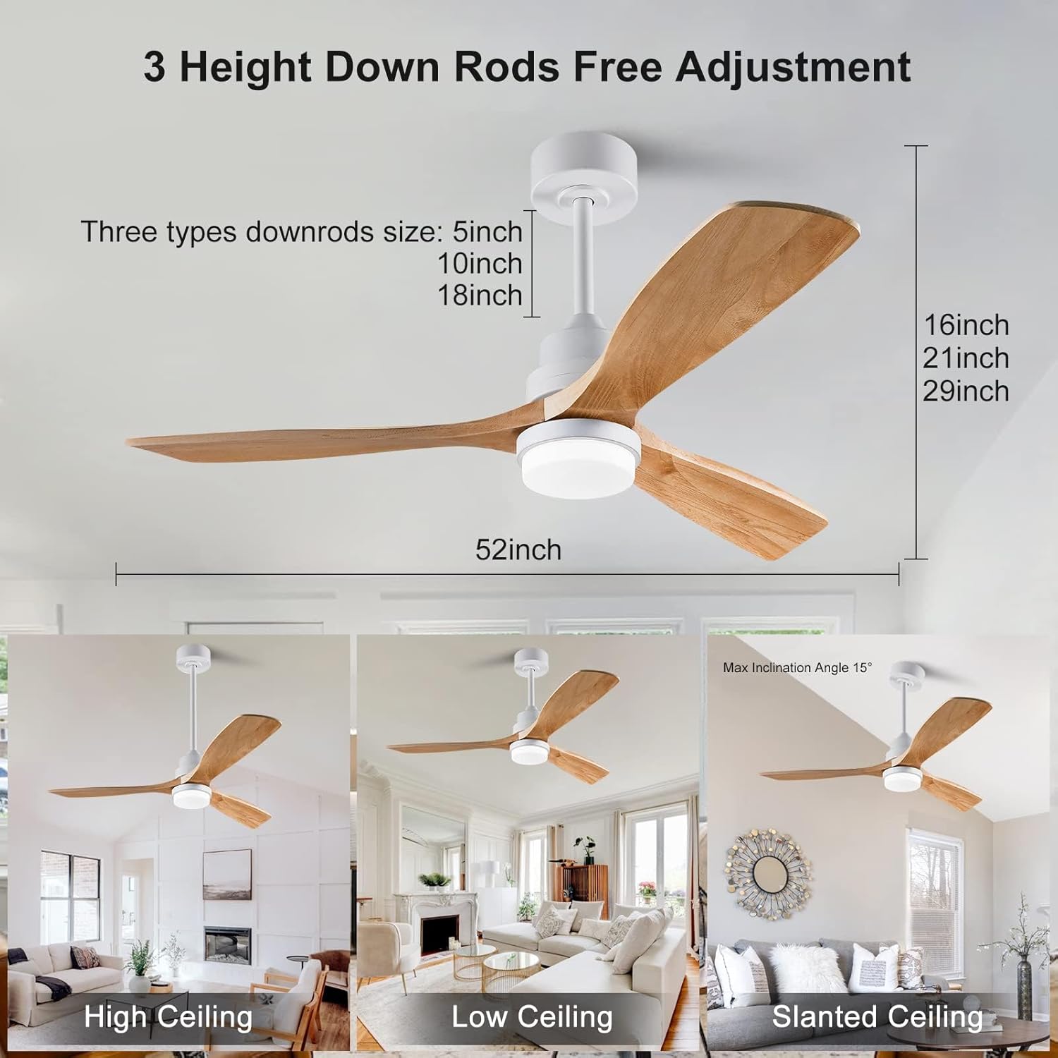 XBIBI Ventiladores de techo de 52 pulgadas con control remoto de luz, ventiladores de techo de madera con 3 aspas y barra inferior, motor de CC de 6