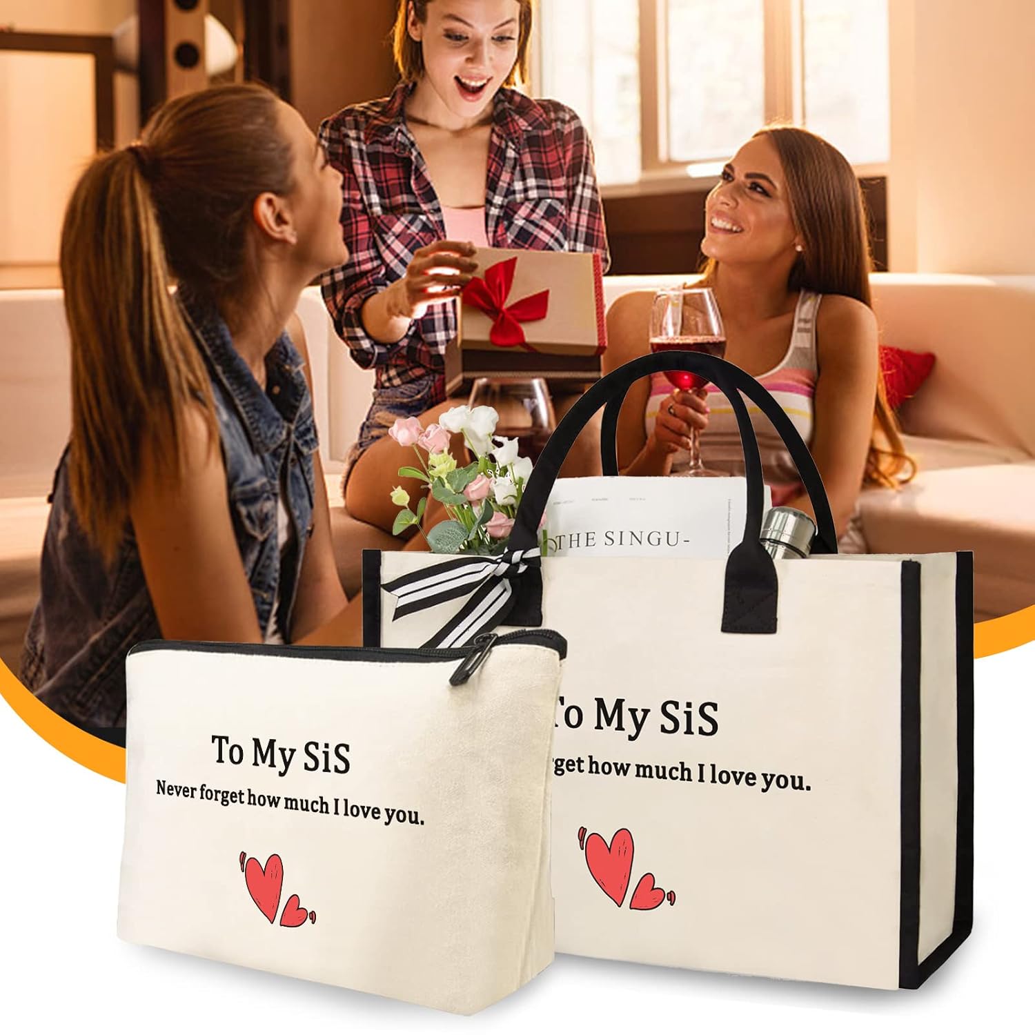 Canvas Tote Bag for Sis Cosmetic Bag Free Tote Bag with Inner Zipper Pocket Shoulder Bag for women Gifts for Sis Sister Gifts Tote for Hospital,