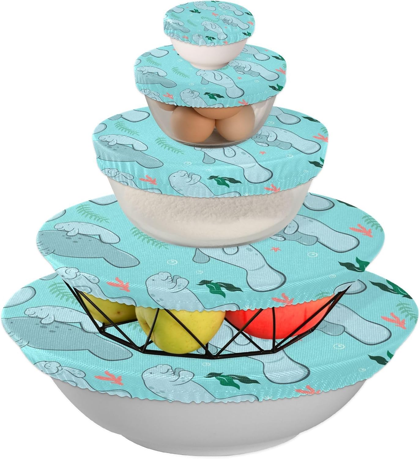 Blue Manatees – 5 fundas elásticas reutilizables para cuencos para almacenamiento de alimentos, tapas de tela elástica con 5 tamaños diferentes,