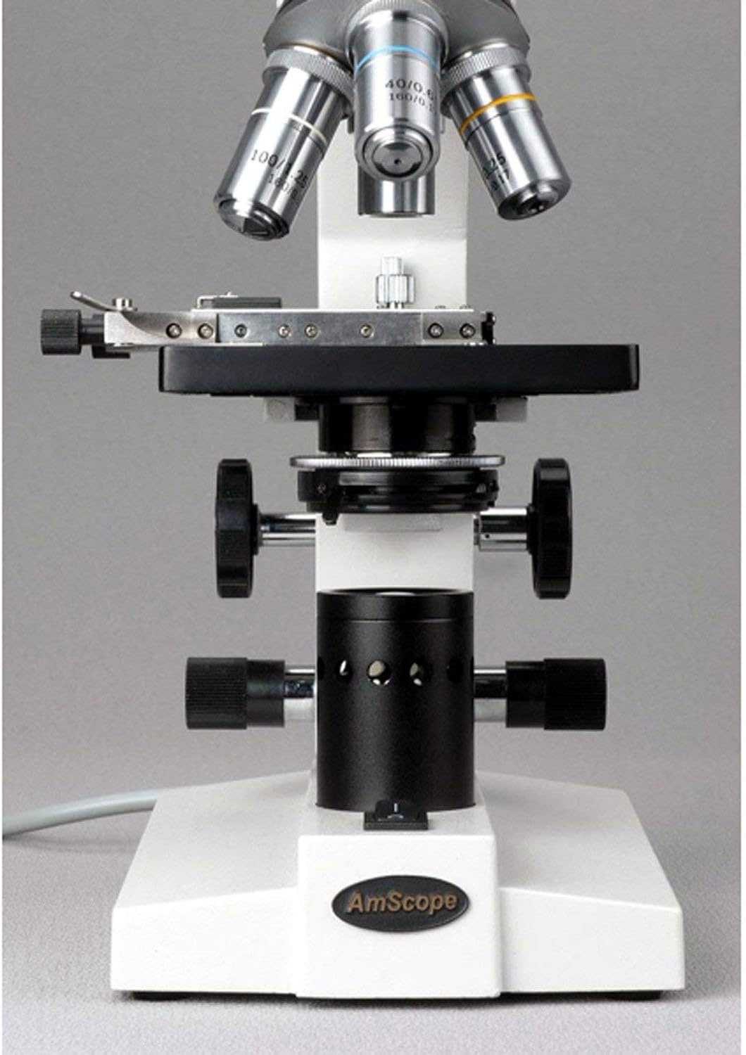 AmScope Microscopio binocular compuesto B100A-MS, aumento 40X-1600X, Brightfield, iluminación de tungsteno, condensador de Abbe, etapa mecánica