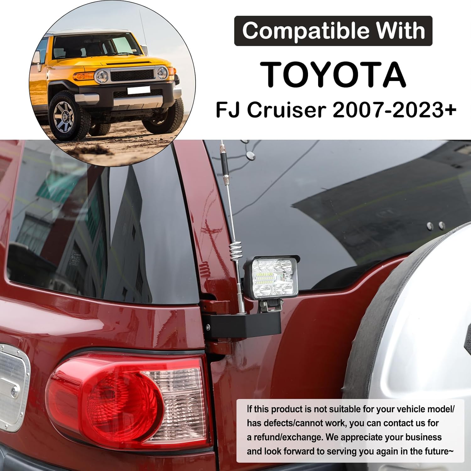 Soporte de antena para portón trasero de automóvil, compatible con Toyota FJ Cruiser 2007-2021, soporte de antena para portón trasero, foco LED,