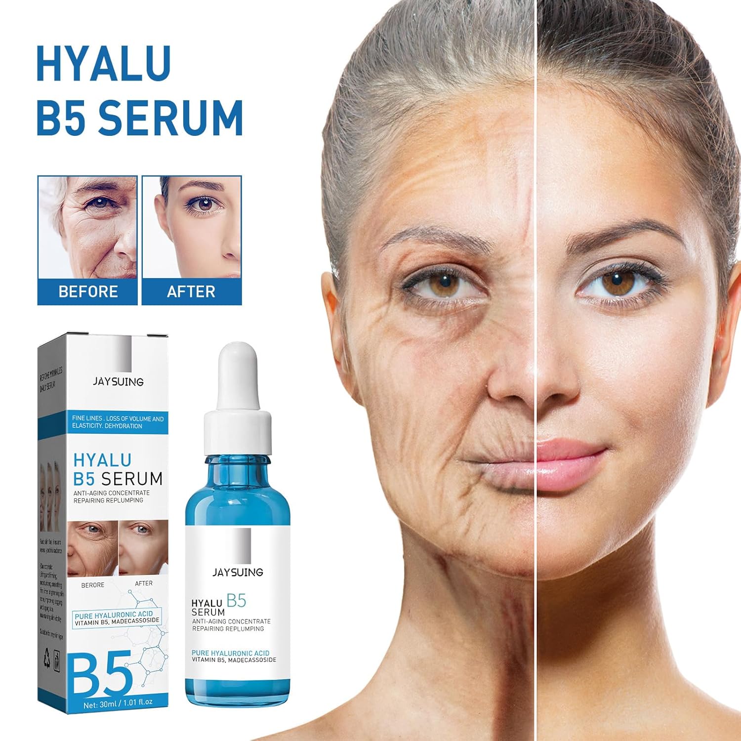 Suero de ácido hialurónico puro B5 para cara, con vitamina B5, suero antienvejecimiento para líneas finas y arrugas, suero hidratante para rellenar