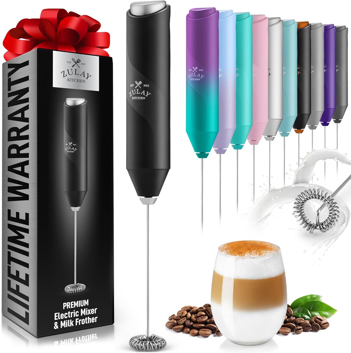 Zulay Kitchen – Potente espumador de leche de mano, mezclador de bebidas para café, lattes, capuchinos, matcha, mini espumador de leche y batidor de