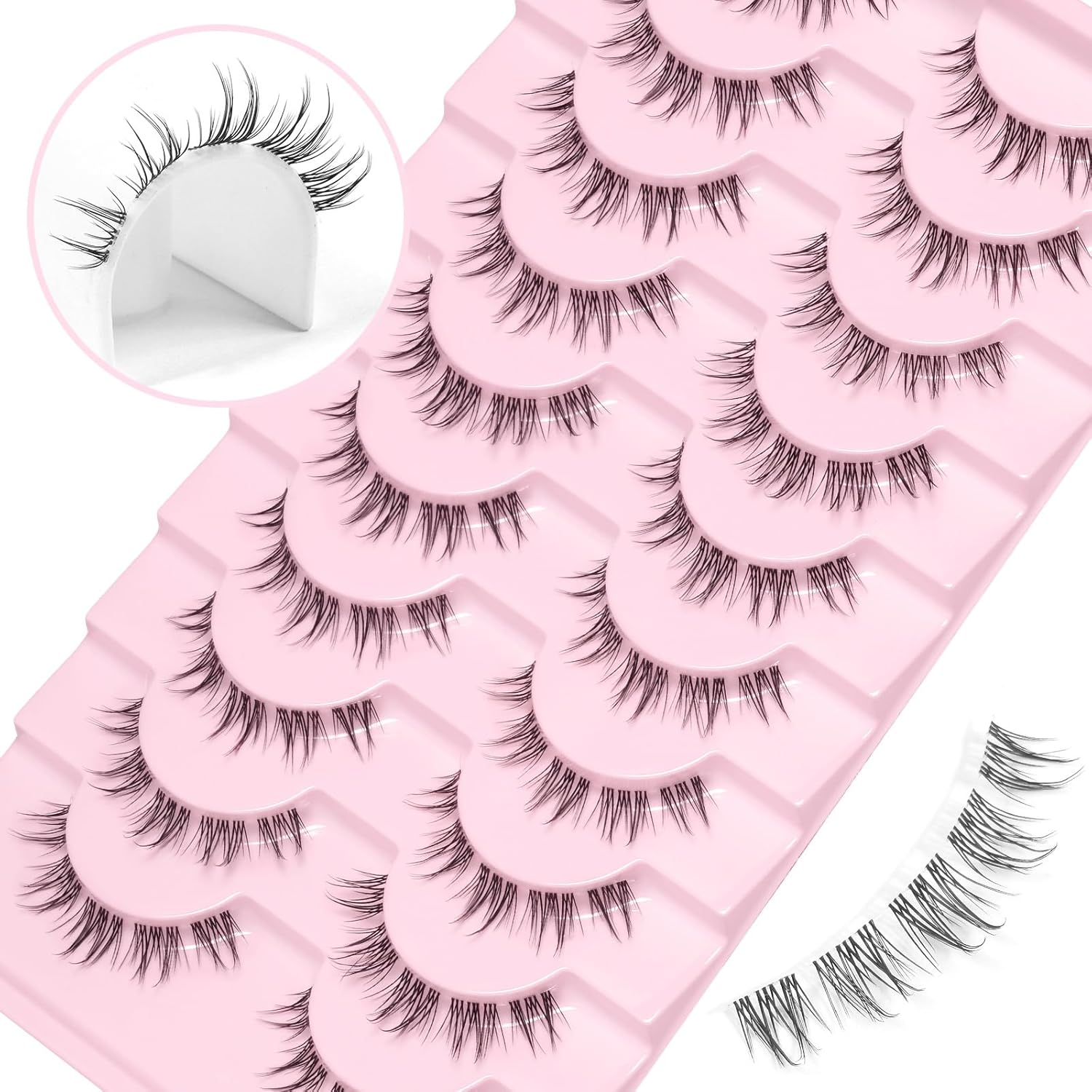 Paquete de 10 pares de pestañas postizas de visón finas, esponjosas, aspecto natural, banda de pestañas transparentes