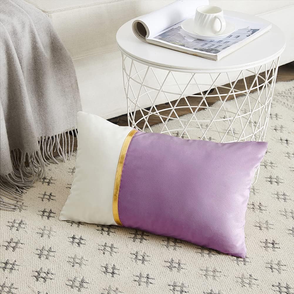 Fancy Homi 2 paquetes de fundas de almohada decorativas de 12 x 20 pulgadas para sofá cama de sala, retazos de terciopelo morado y blanco con cuero