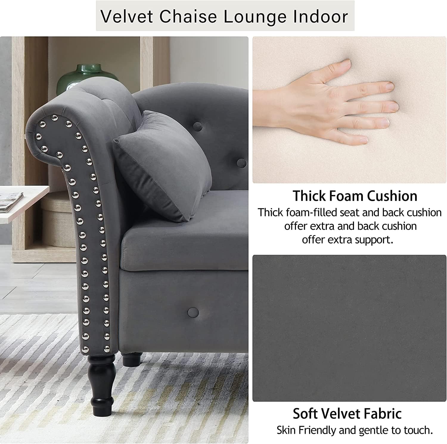 Anwick Chaise Lounge – Silla reclinable tapizada para interiores, moderna y tapizada para sala de estar, dormitorio, sofá cama (gris) (gris +