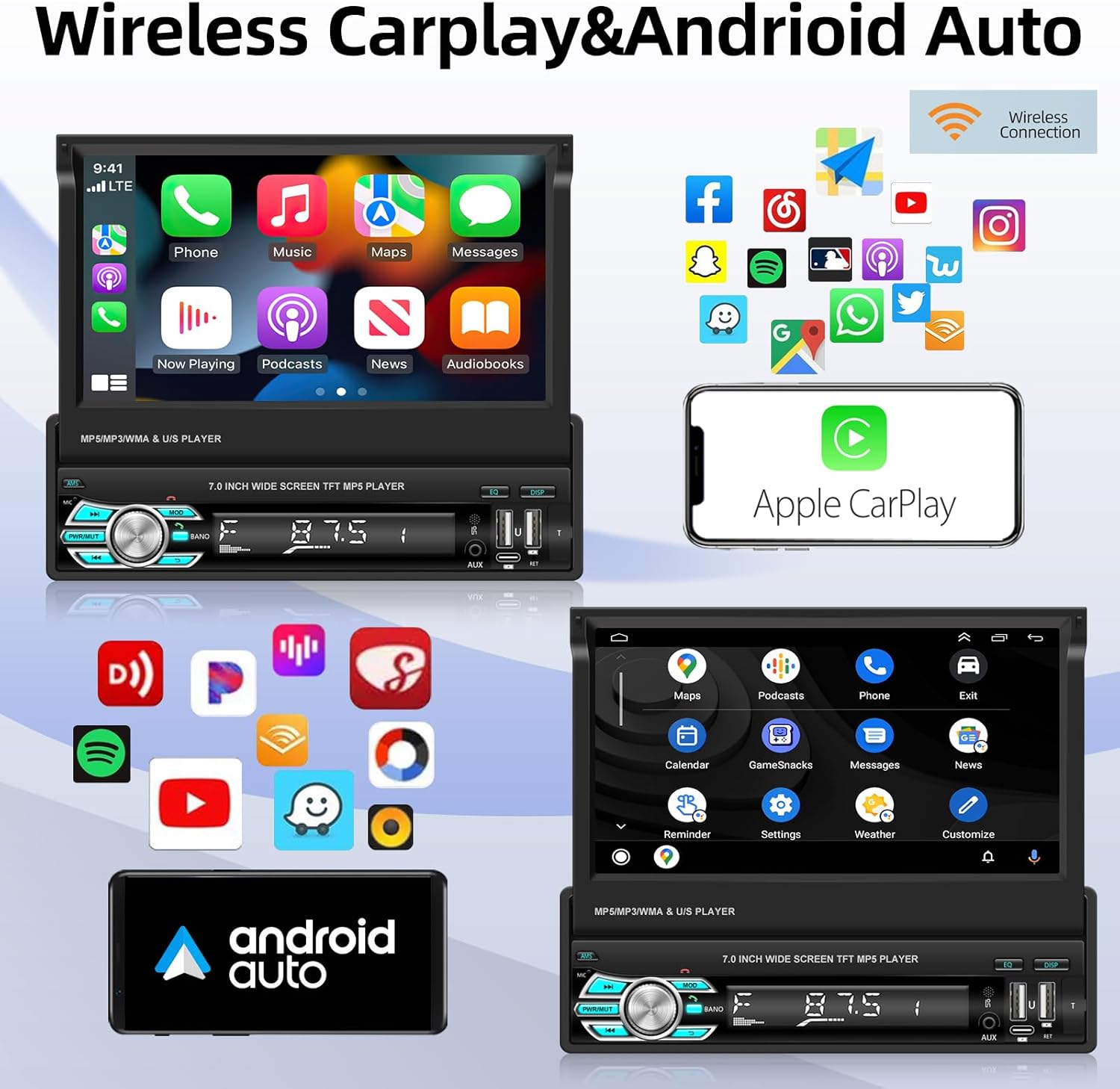 Radio de coche de un solo DIN con Bluetooth, Carplay inalámbrico y Android Auto, pantalla abatible de 7 pulgadas, soporte estéreo retráctil para
