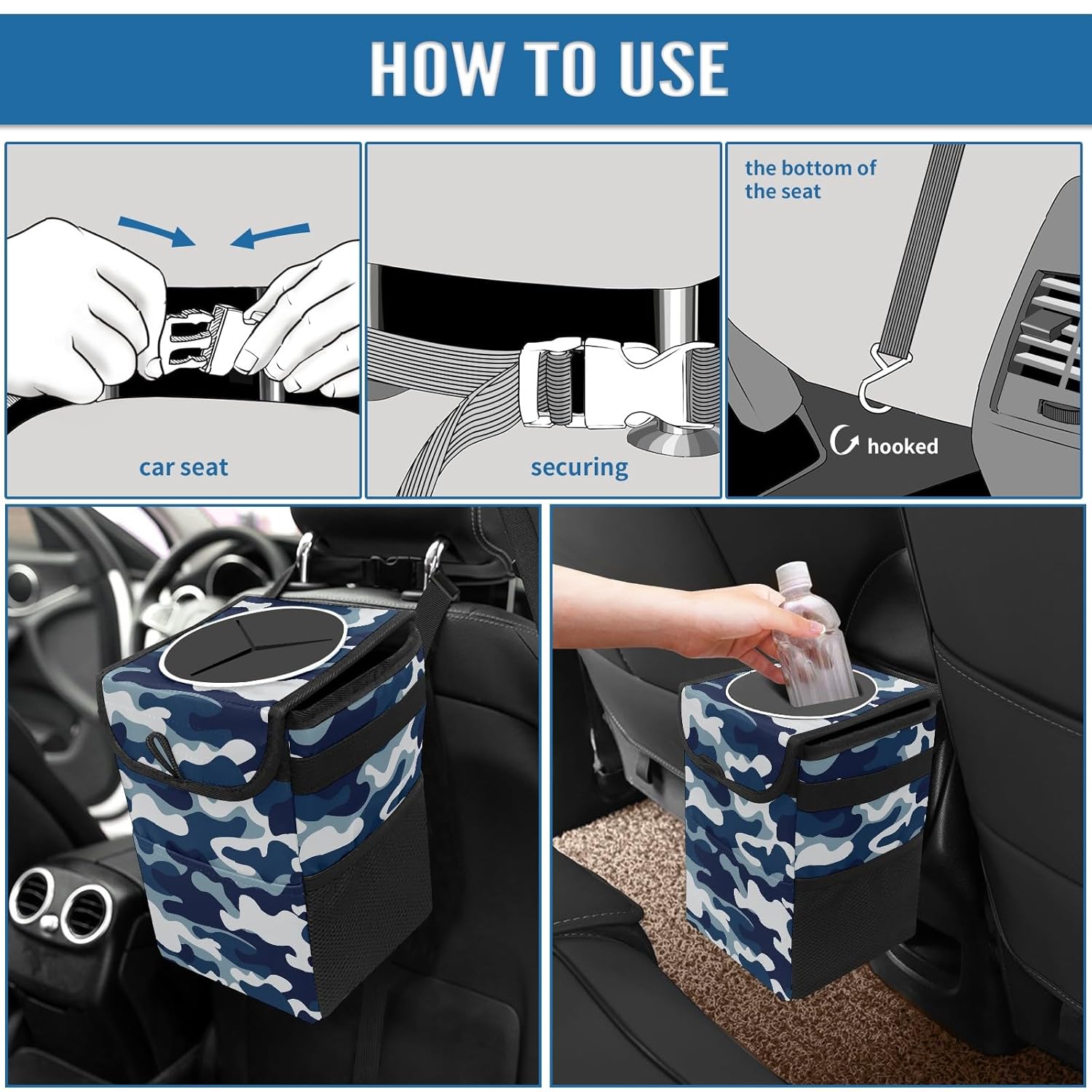 SOLONDA Papelera plegable con tapa para asiento trasero de automóvil, a prueba de fugas, bolsa de basura para colgar en el auto, cubo de basura de