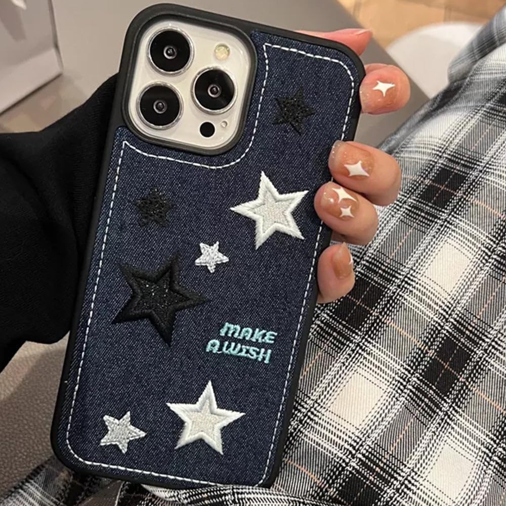 Casechics Funda compatible con iPhone, funda de silicona con bordado de tela vaquera fresca, protección para lente de cámara, suave a prueba de