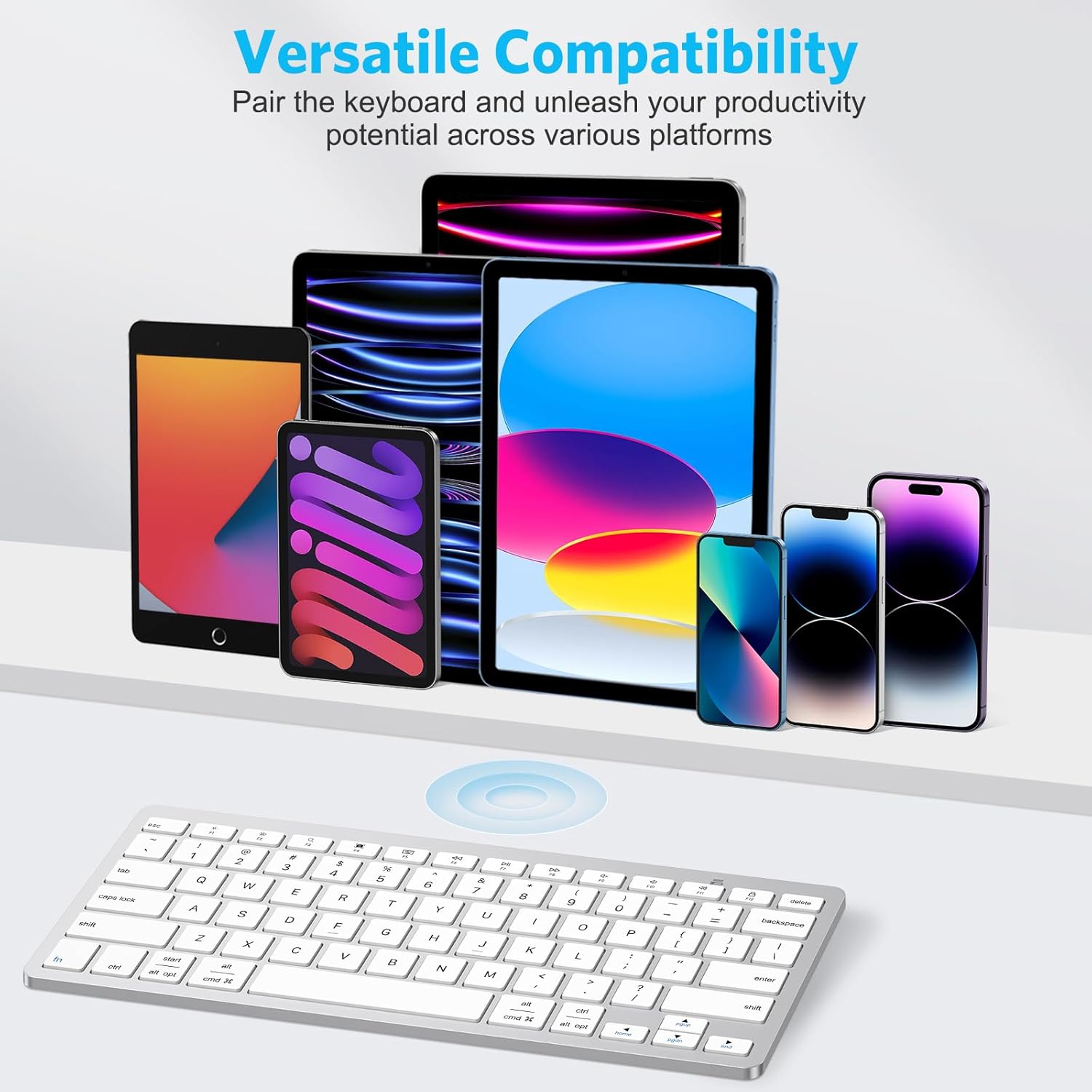 Emetok Teclado Bluetooth universal para iPad, teclado con tecnología BLE mejorada con conexión inquebrantable, duración de la batería de 18 meses,