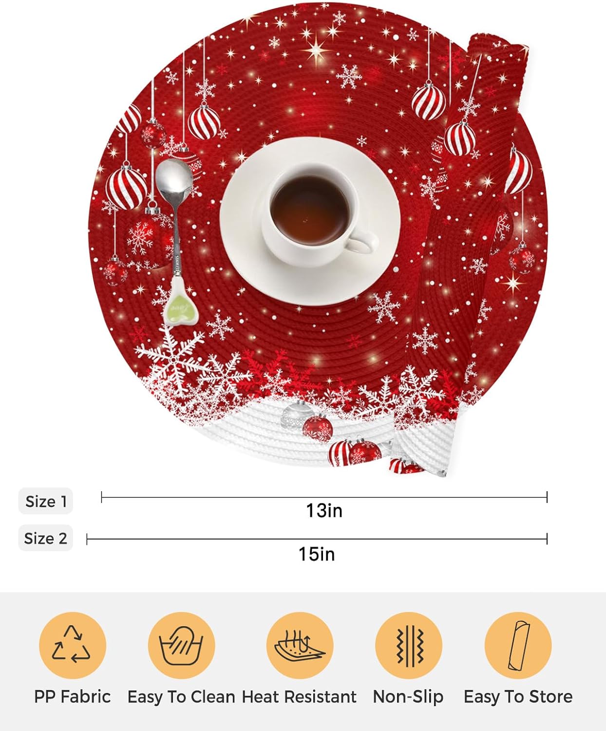 Juego de 8 manteles individuales redondos de Navidad, diseño de copos de nieve, lavables, trenzados, redondos, para mesas de comedor, decoración de